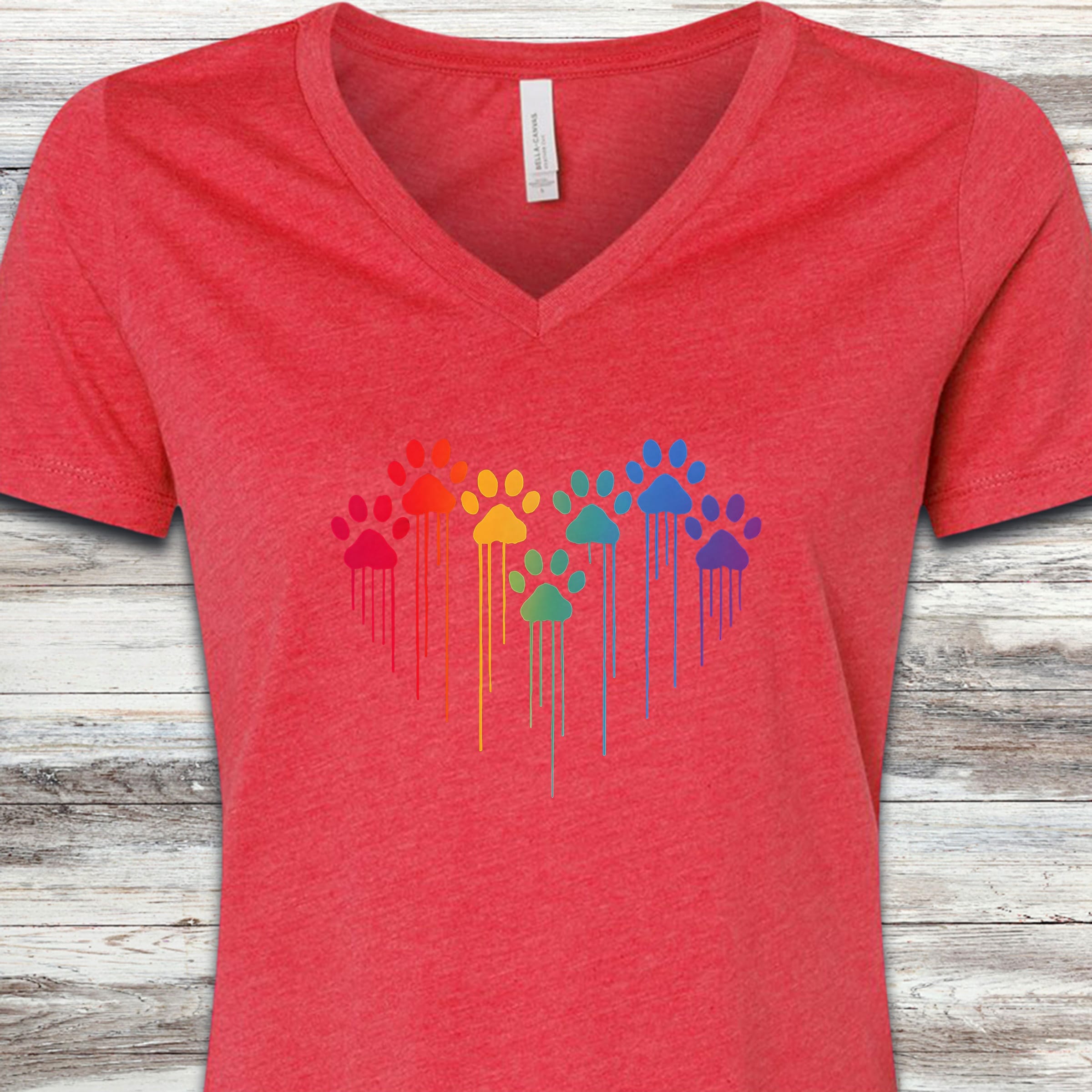Rainbow Heart Prints V-Neck Tee - Heather Red