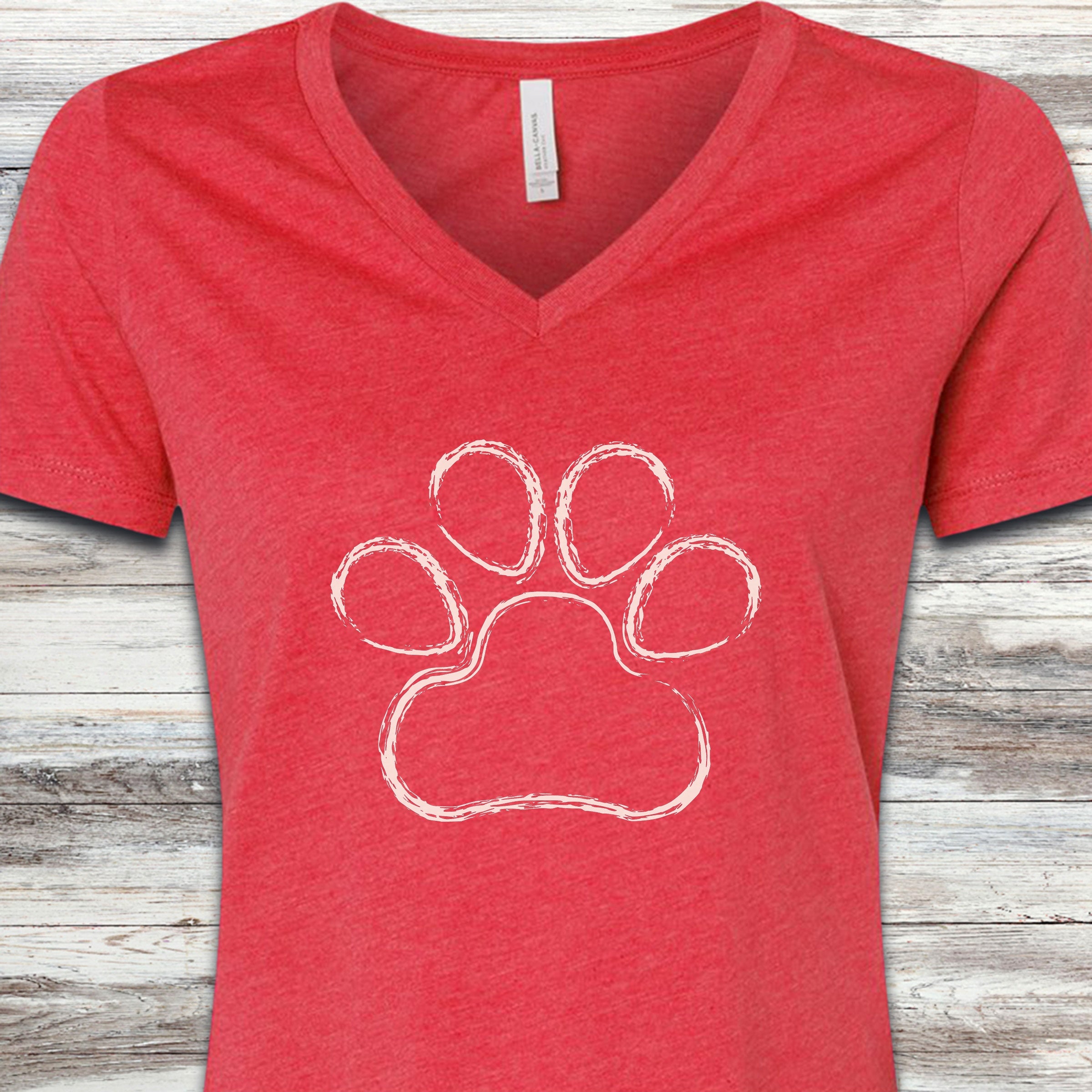 Paw Print Sketch V-Neck Tee - Heather Red