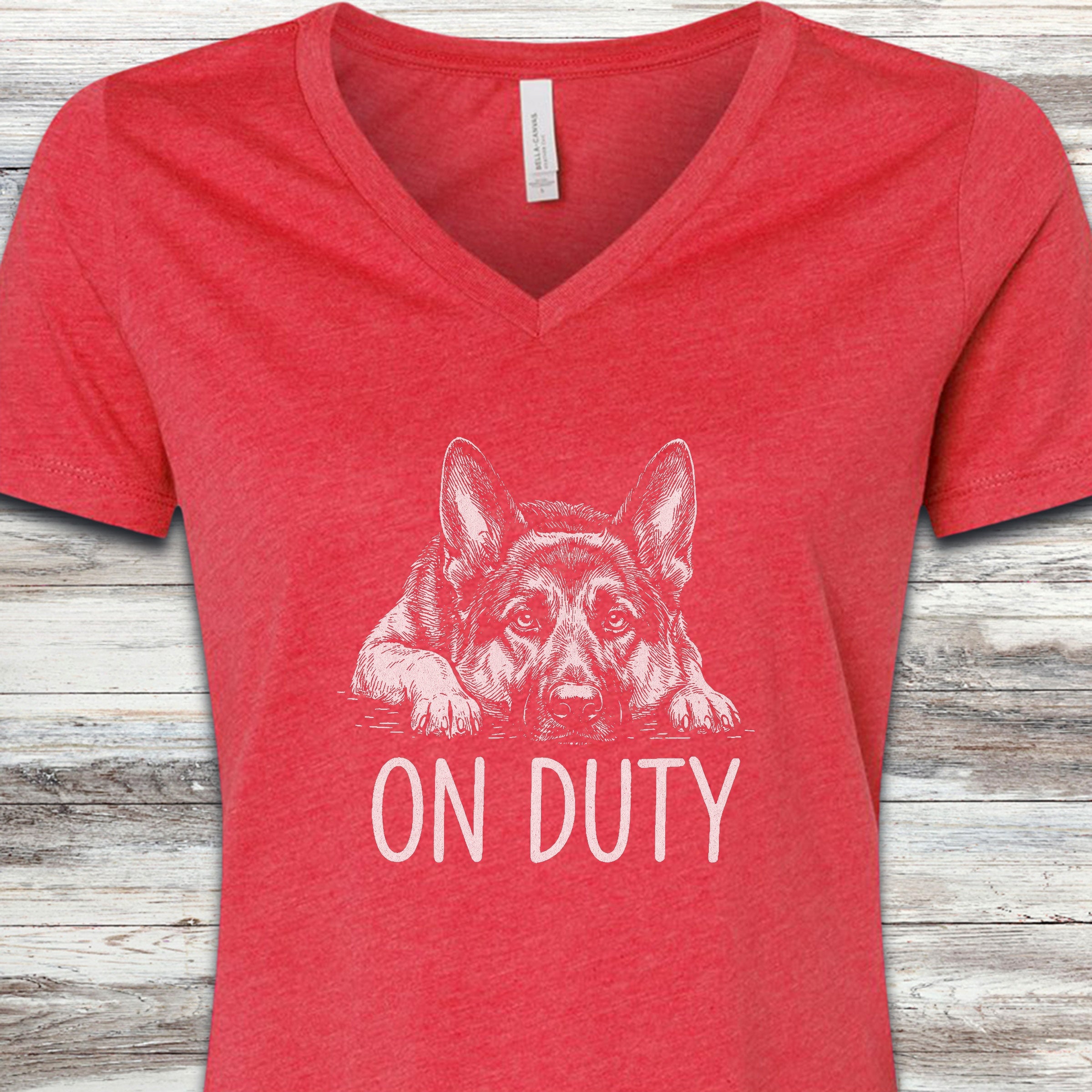 German Shepherd On Duty V-Neck Tee - Heather Red
