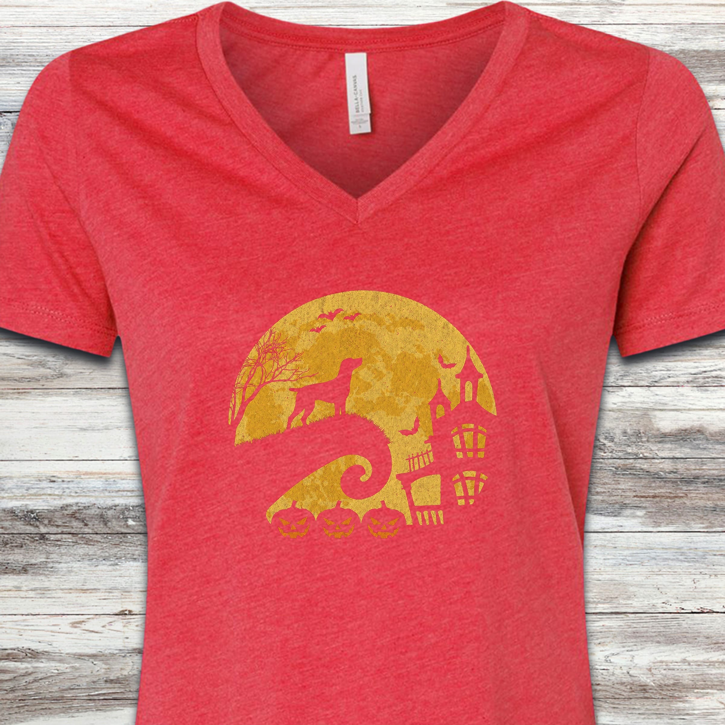 German Shorthaired Pointer Halloween Moon V-Neck Tee - Heather Red