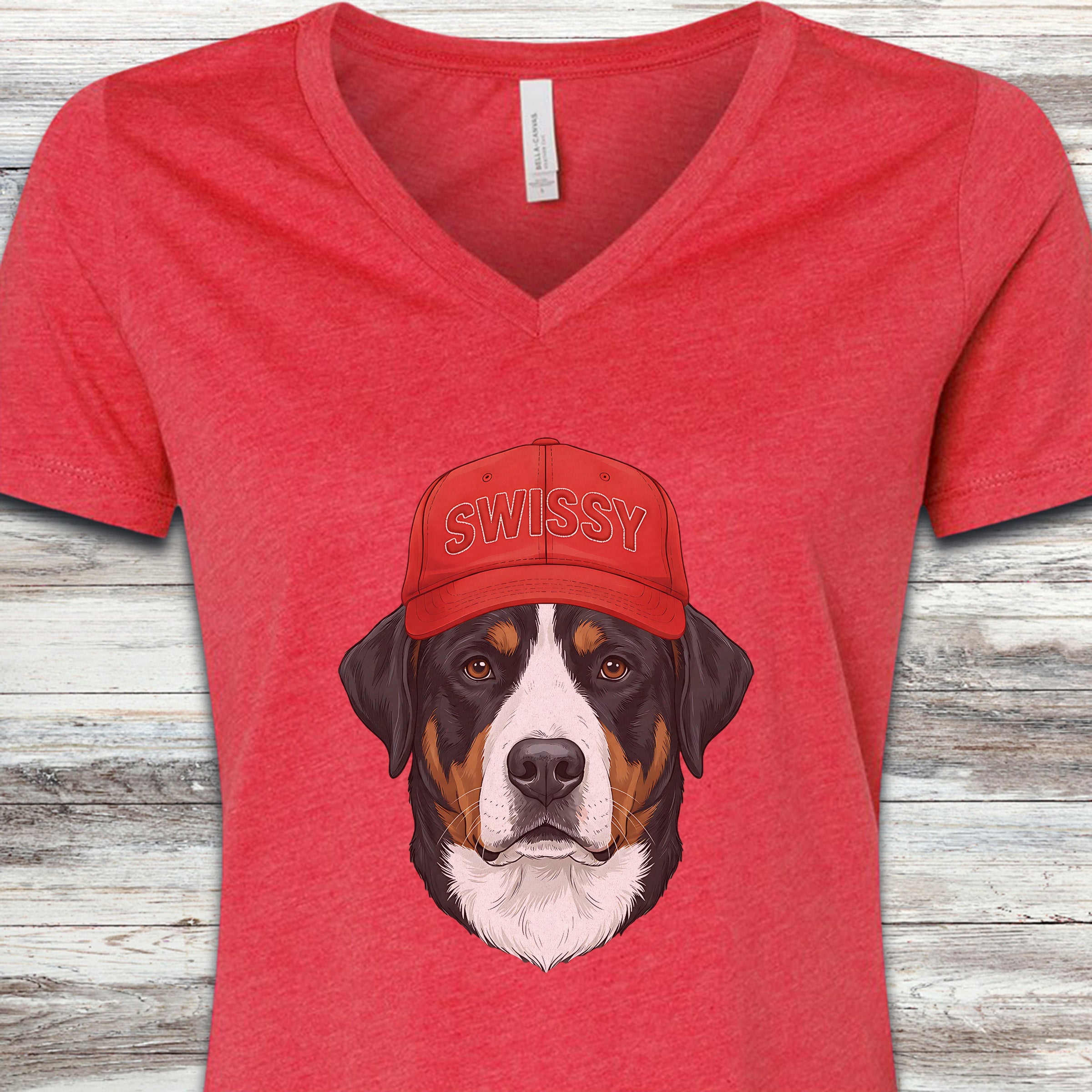 Swiss Mountain Dog Swissy Hat V-Neck Tee - Heather Red