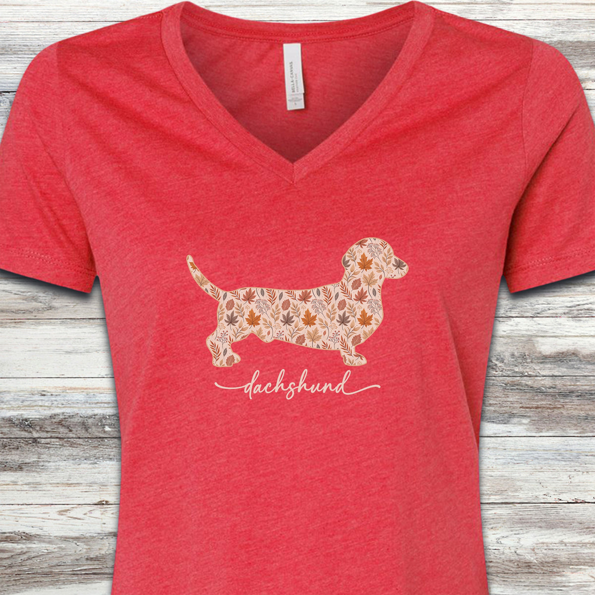 Dachshund Fall V-Neck Tee - Heather Red