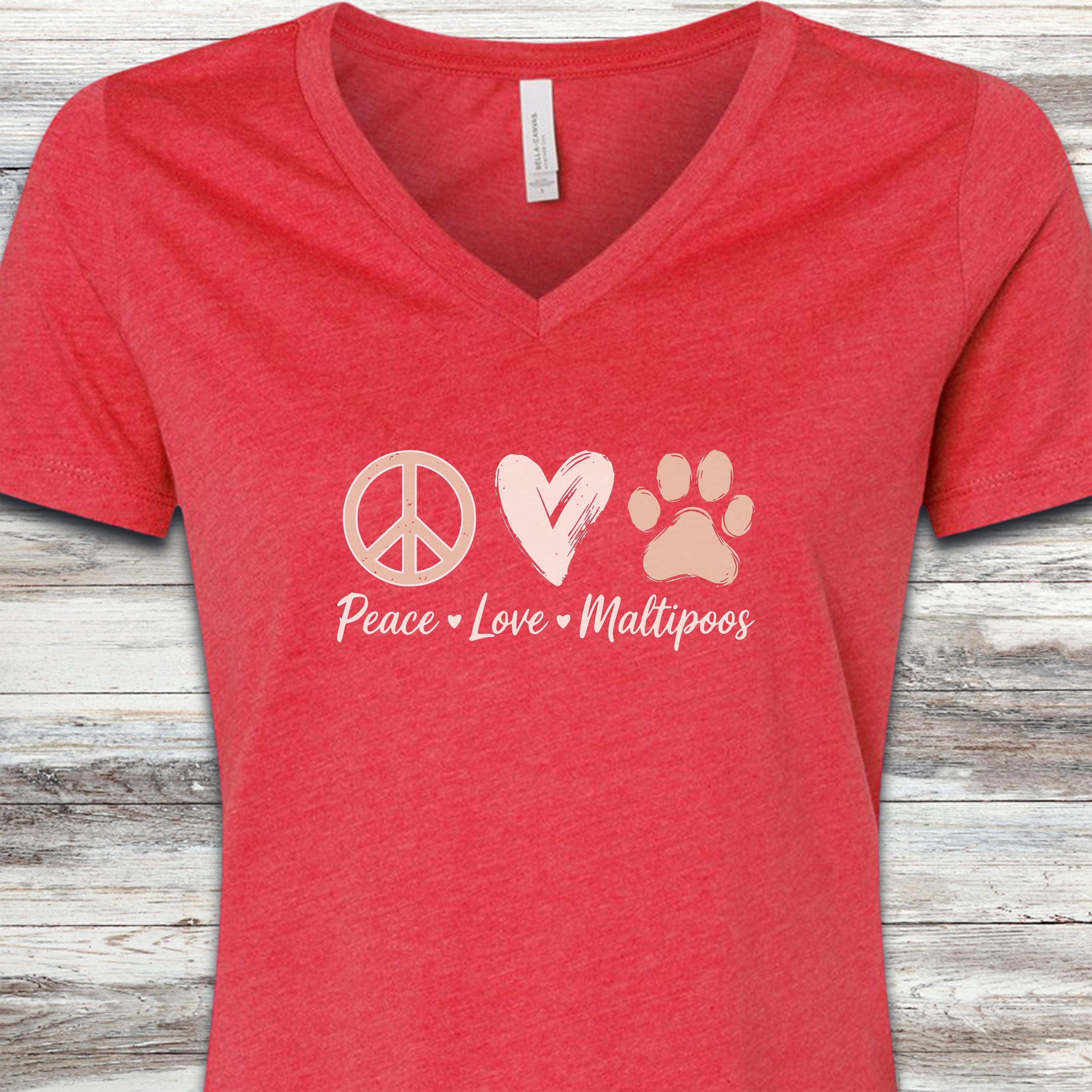 Maltipoo Peace V-Neck Tee - Heather Red