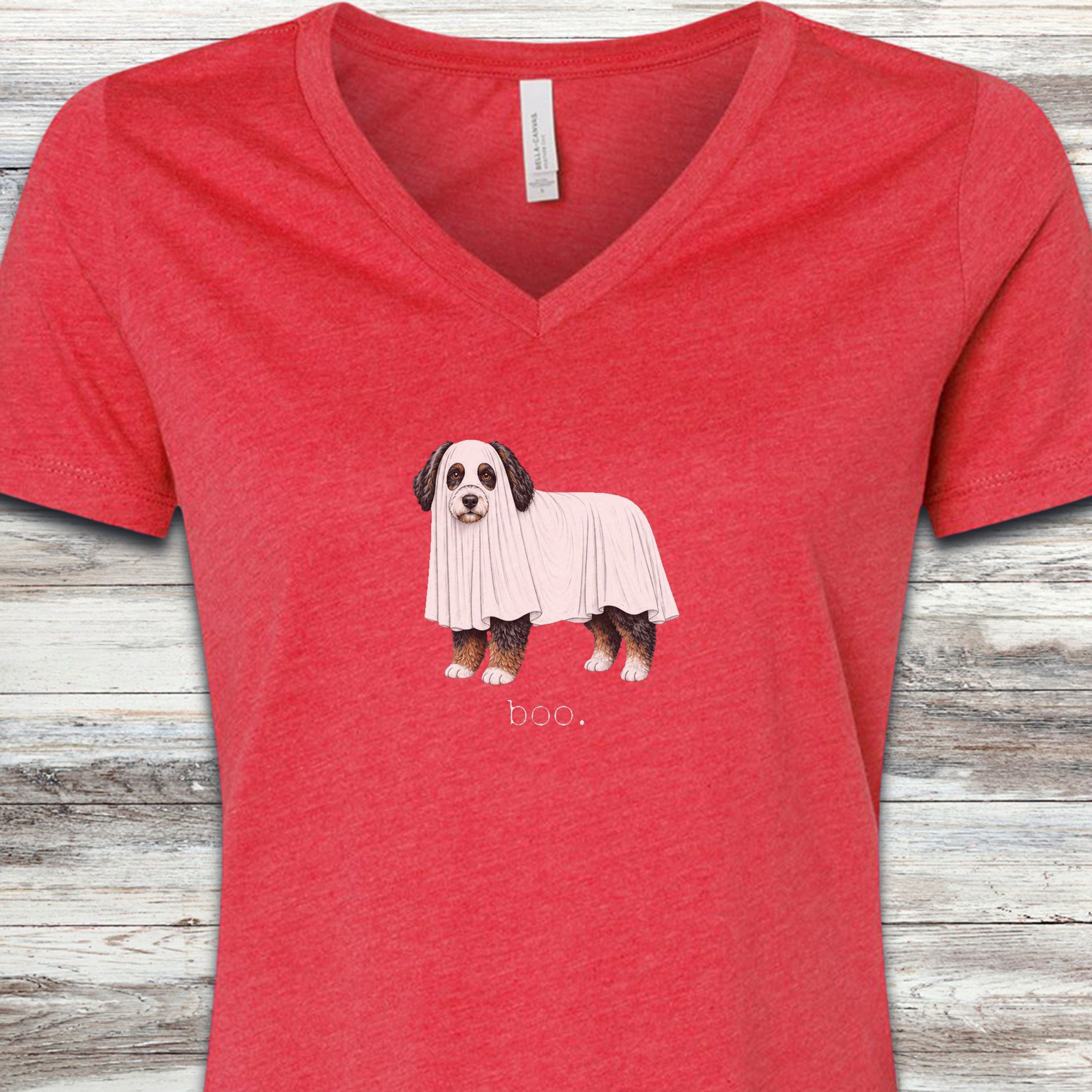 Bernedoodle Boo V-Neck Tee - Heather Red