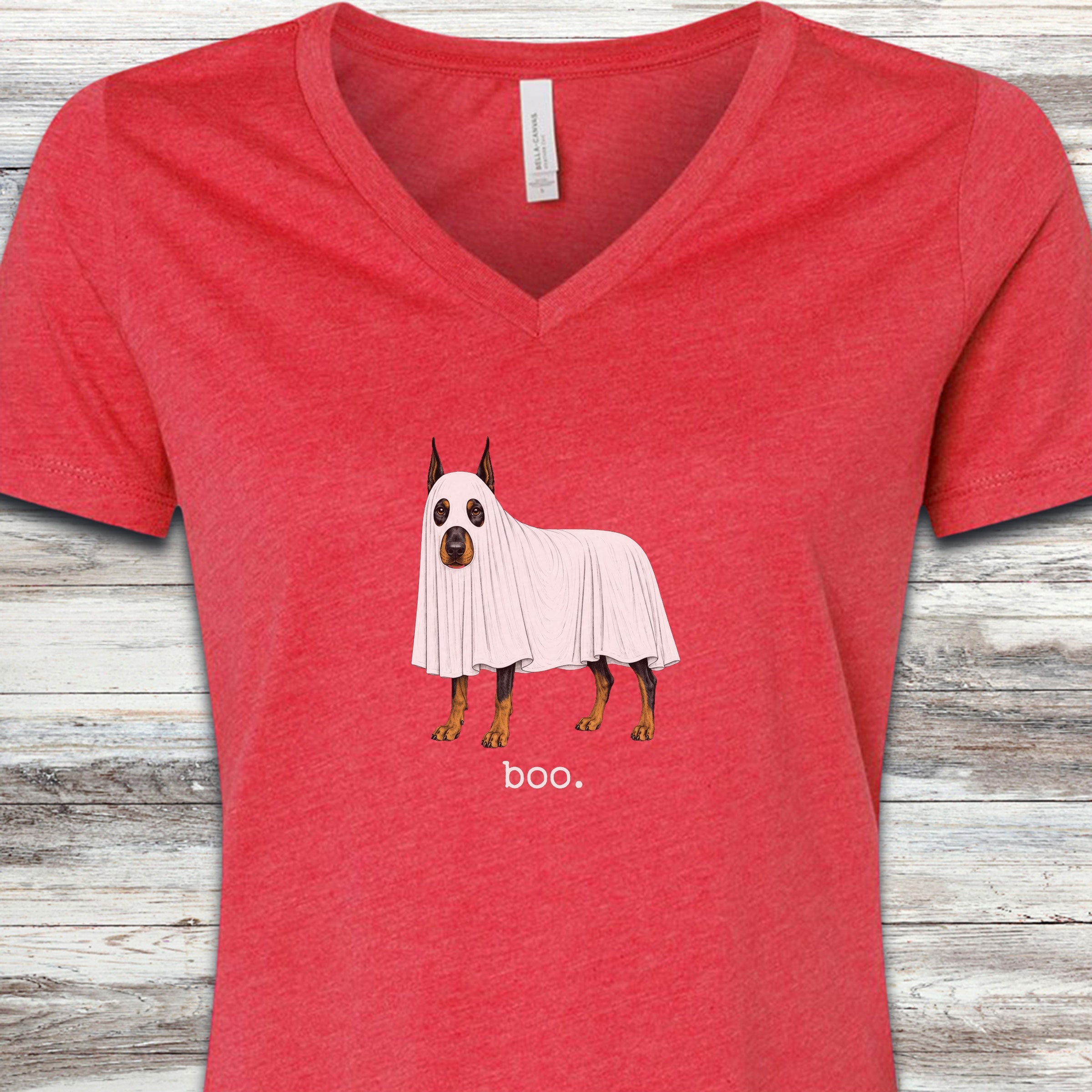 Doberman Pinscher Boo V-Neck Tee - Heather Red