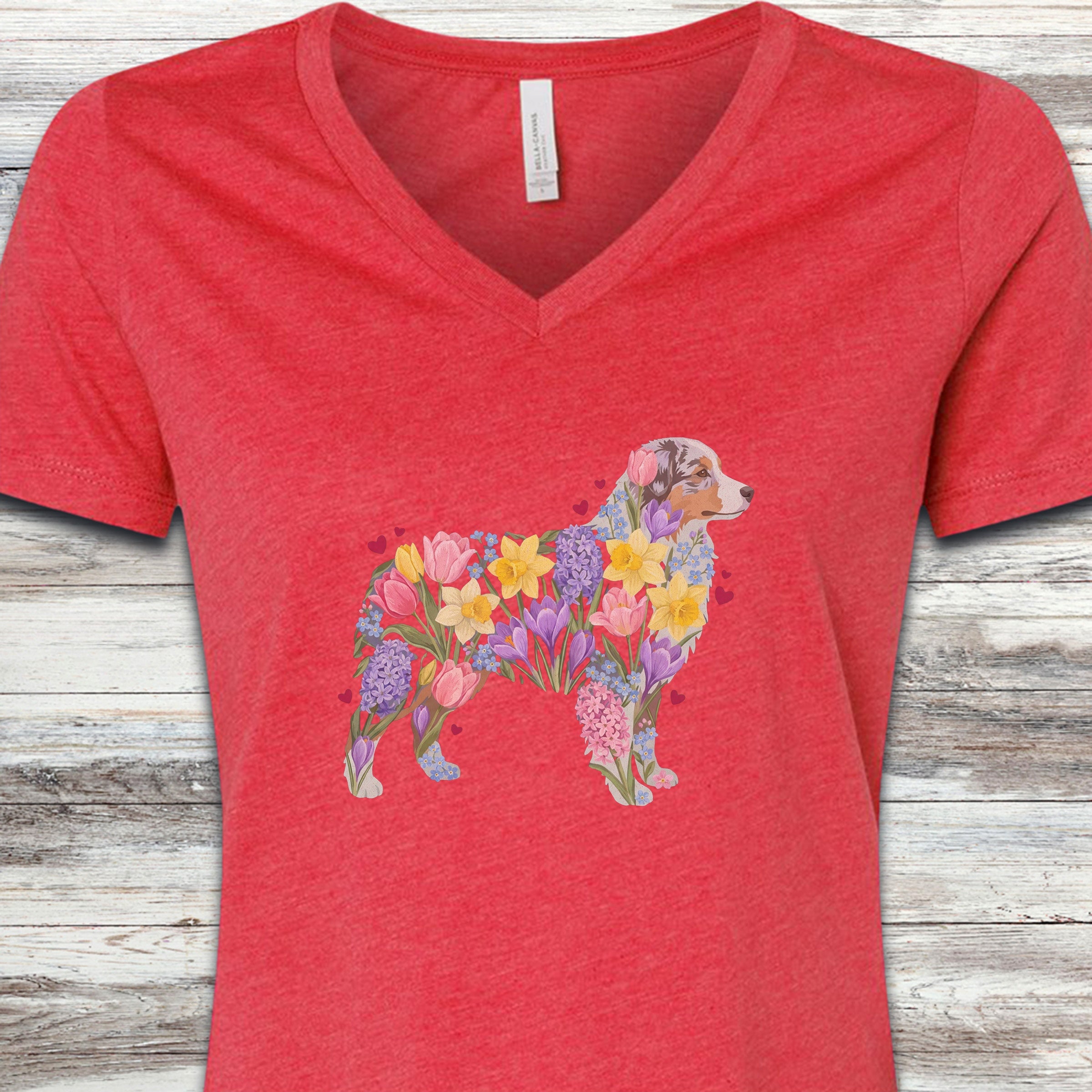Australian Shepherd Spring Floral Silhouette V-Neck Tee - Heather Red