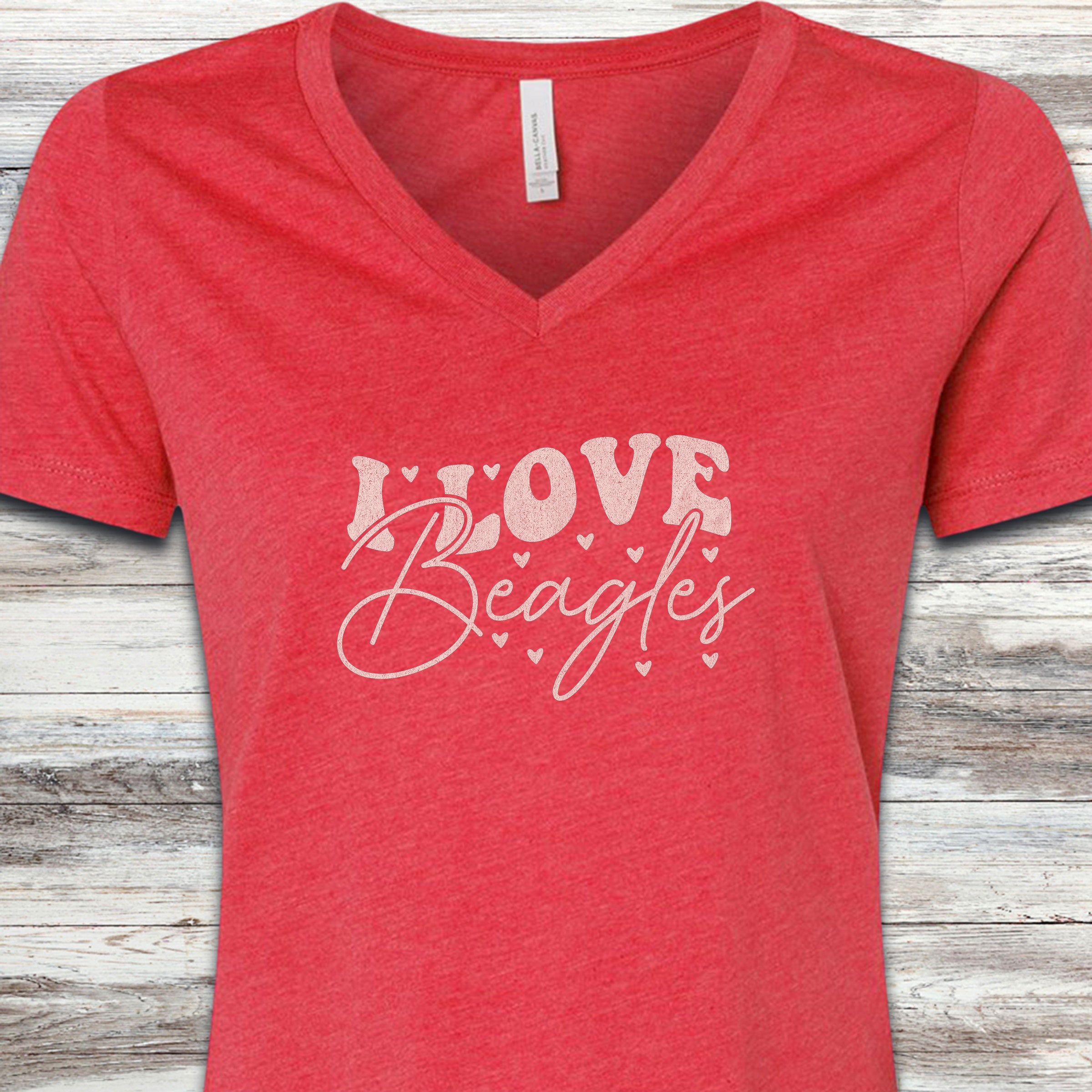 I Love Beagles V-Neck Tee - Heather Red