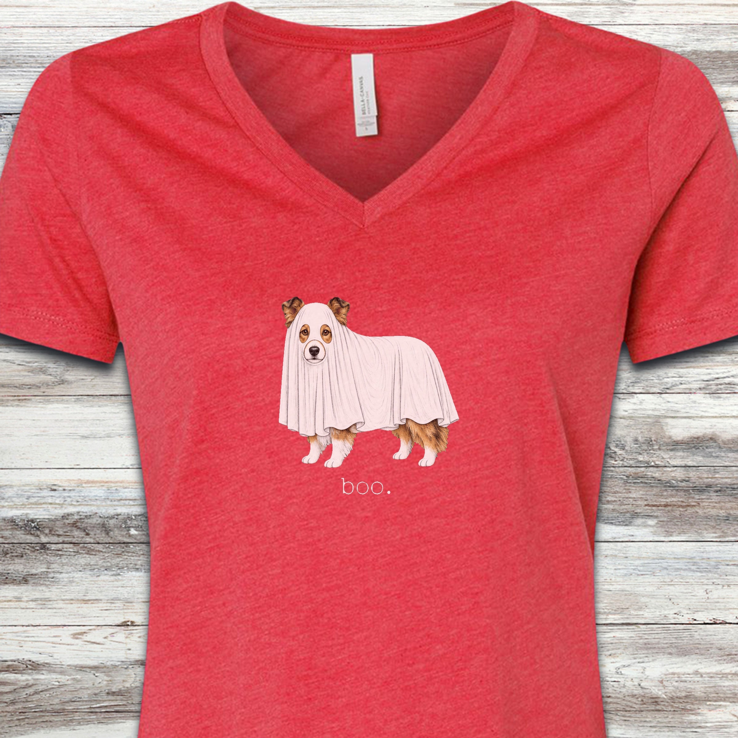 Shetland Sheepdog Boo V-Neck Tee - Heather Red