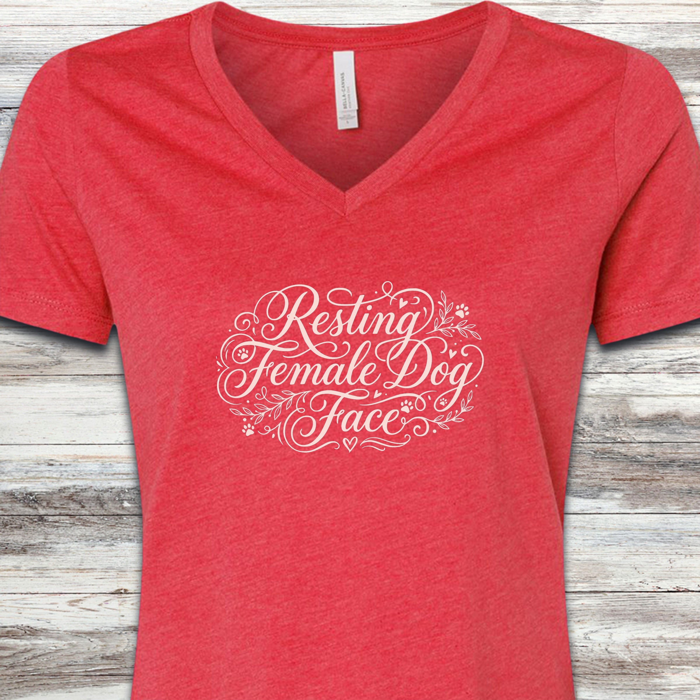 Resting Female Dog Face V-Neck Tee - Heather Red