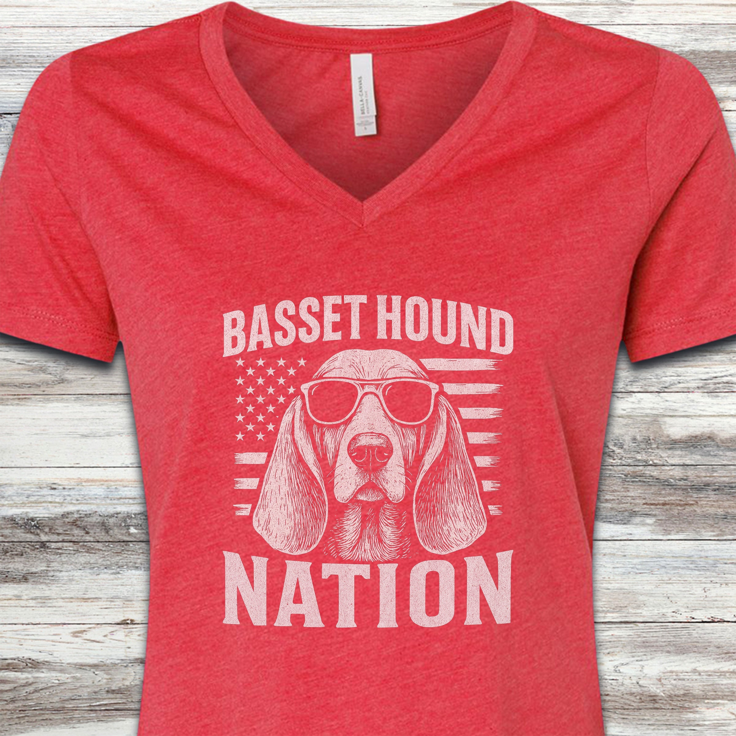 Basset Hound Nation V-Neck Tee - Heather Red