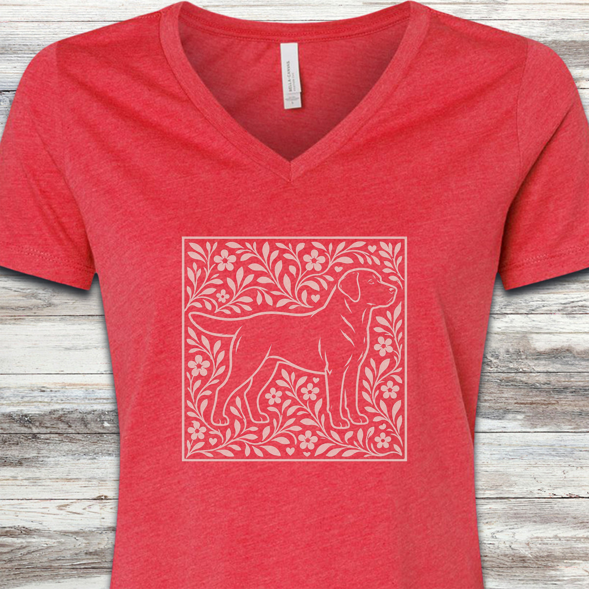 Labrador Retriever Black Linocut V-Neck Tee - Heather Red