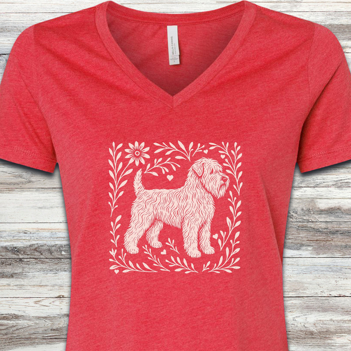 Wheaten Terrier Linocut V-Neck Tee - Heather Red
