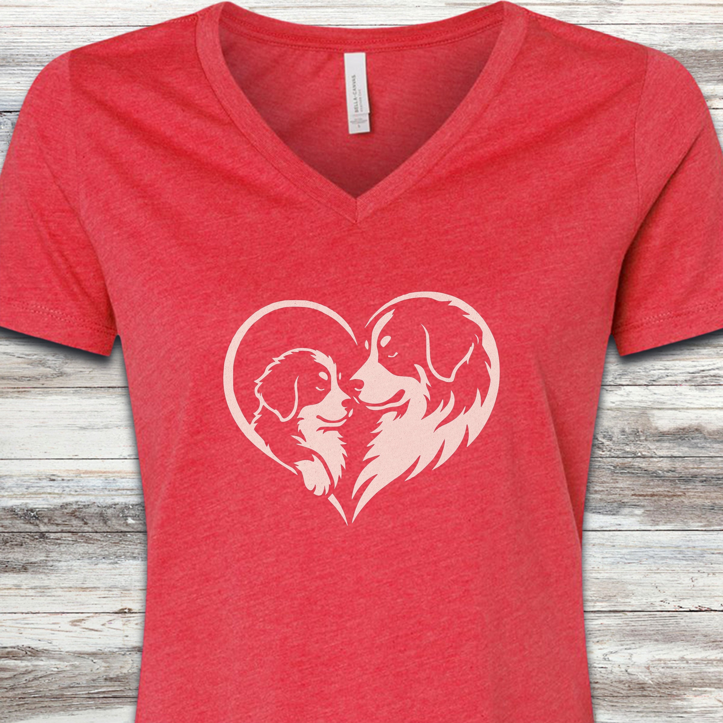 Bernese Mountain Dog Heart Bond V-Neck Tee - Heather Red
