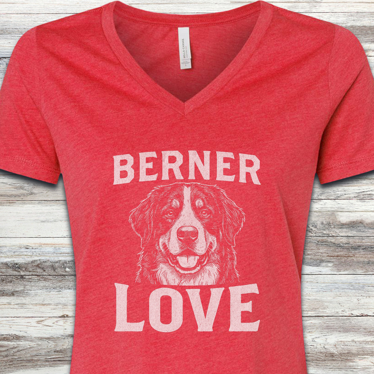 Bernese Mountain Dog Love Portrait V-Neck Tee - Heather Red