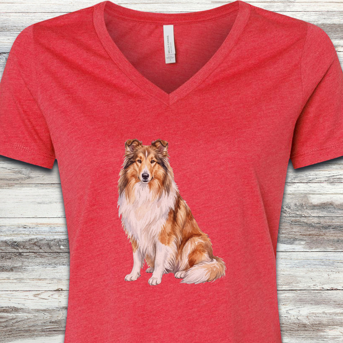 Rough Collie Watercolor V-Neck Tee - Heather Red