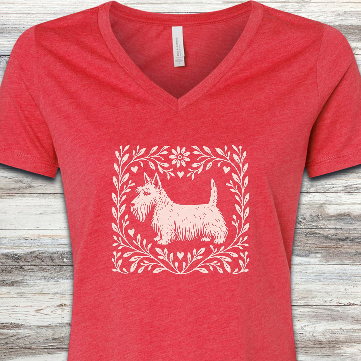 Scottish Terrier Linocut V-Neck Tee - Heather Red