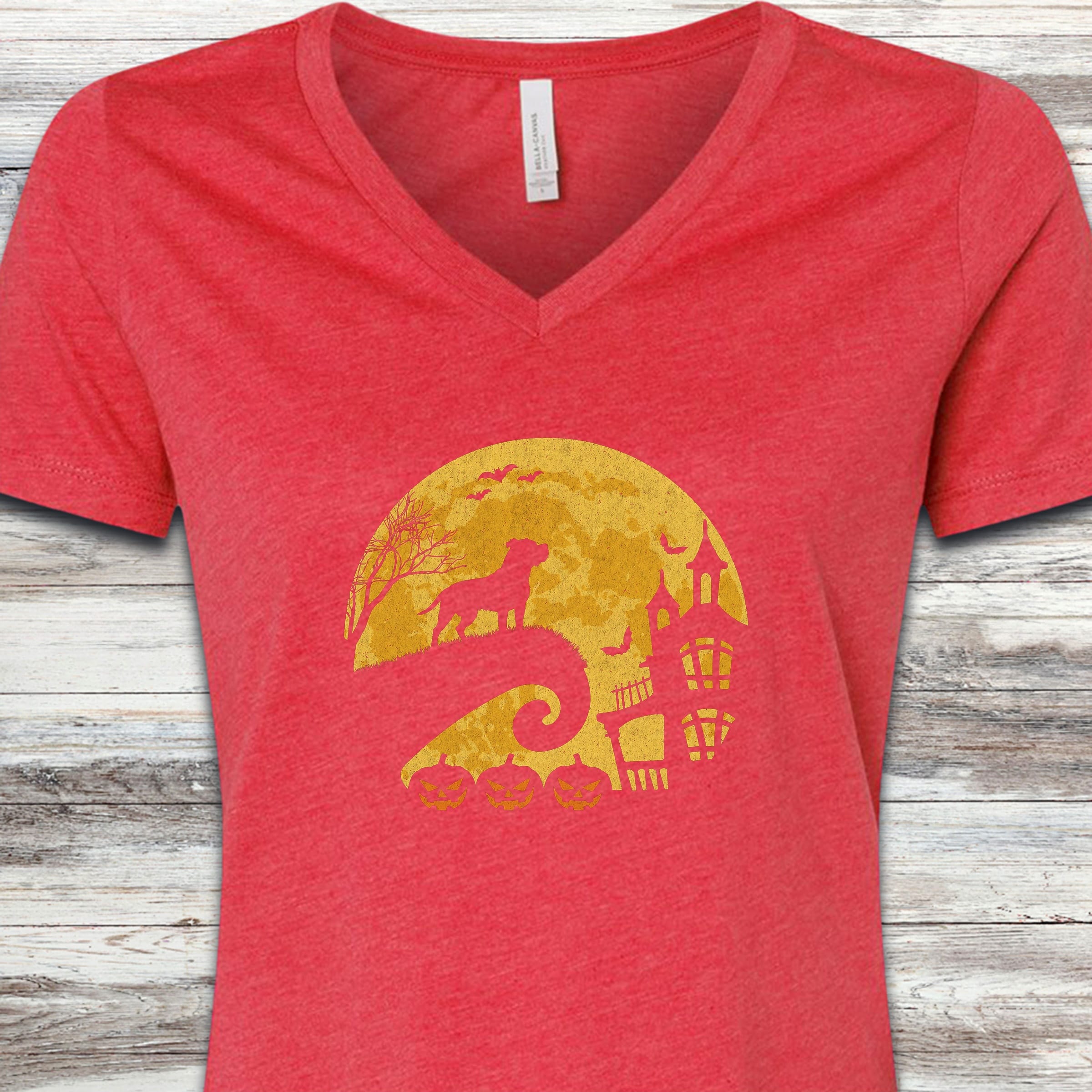Pit Bull Halloween Moon V-Neck Tee - Heather Red