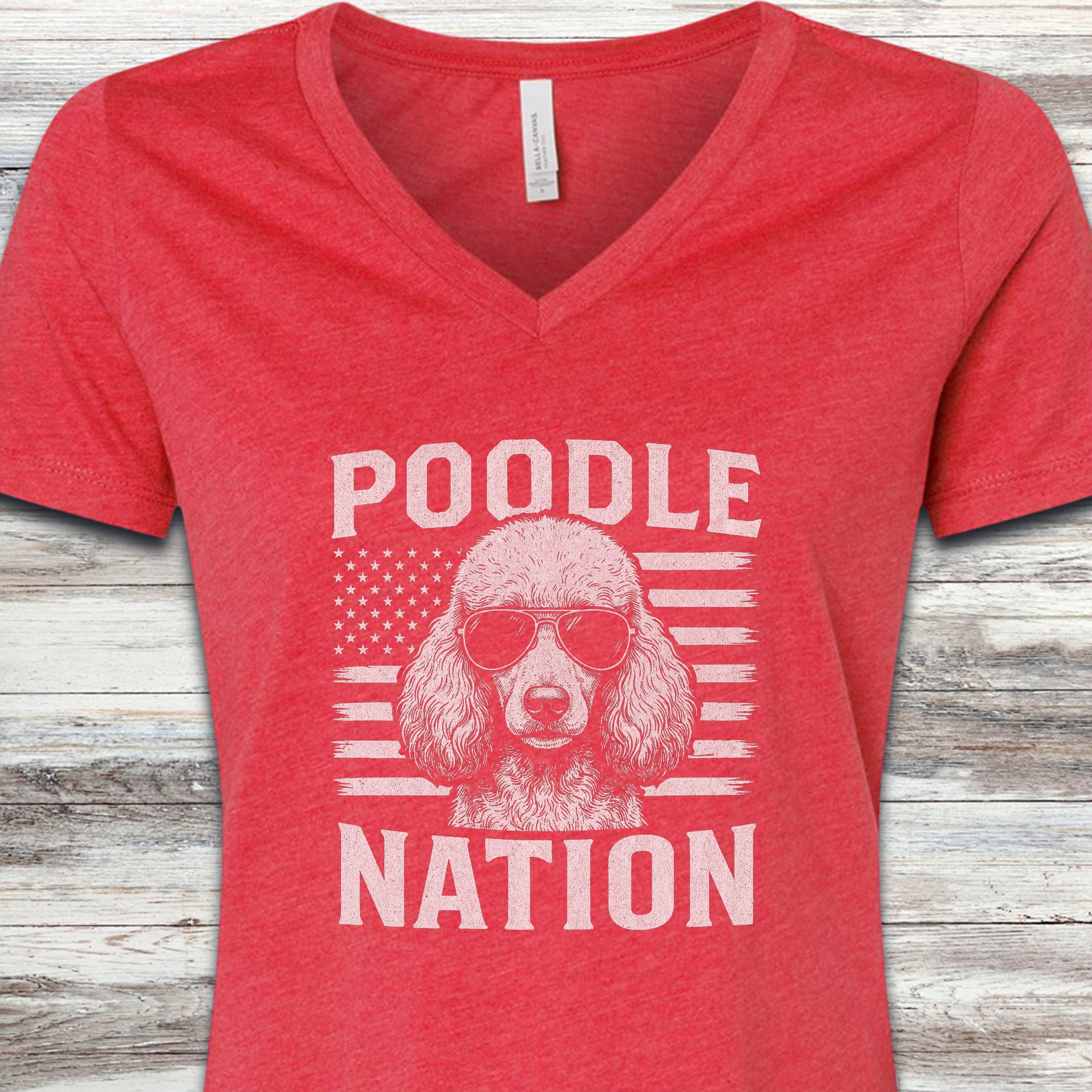 Poodle Nation V-Neck Tee - Heather Red