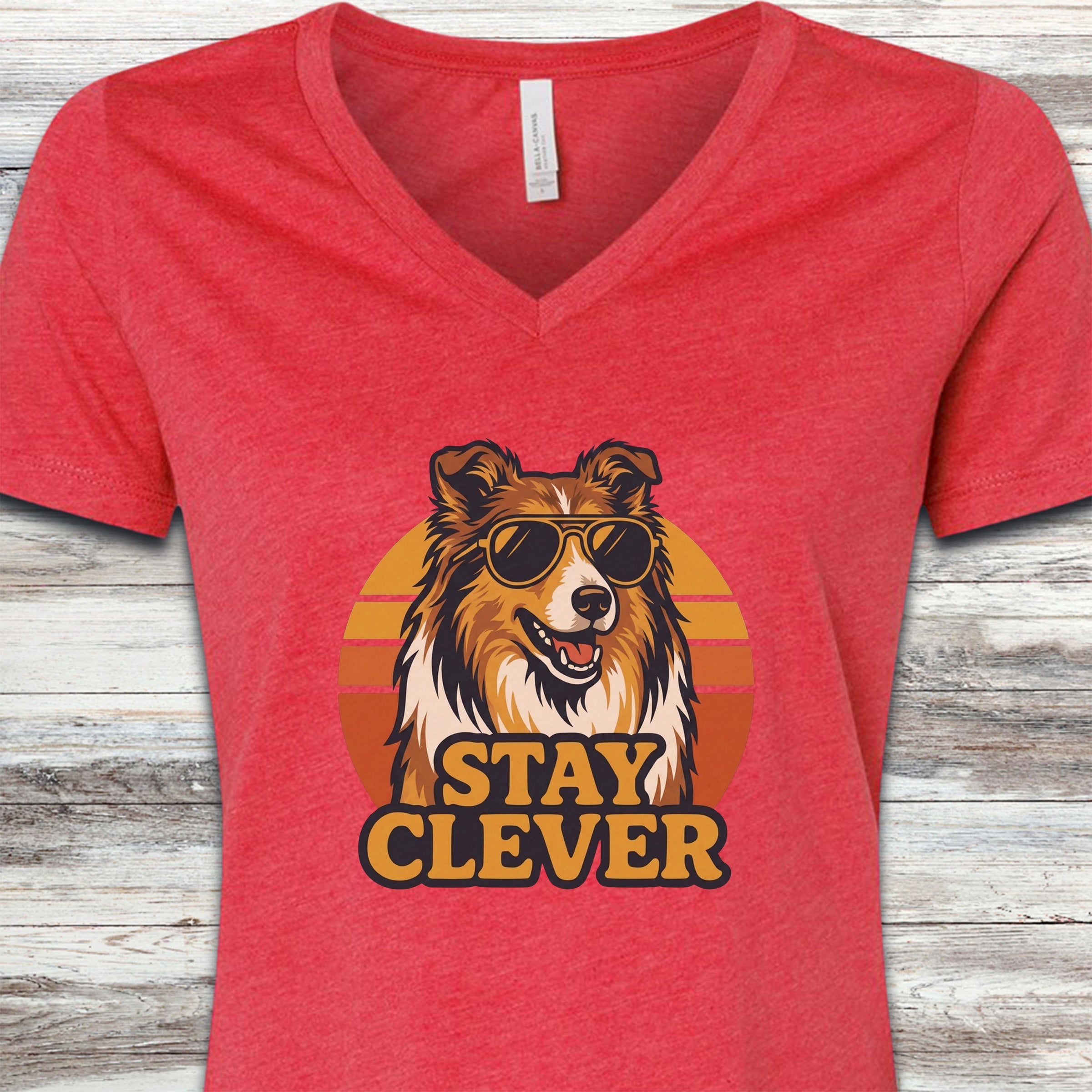Rough Collie Stay Clever V-Neck Tee - Heather Red