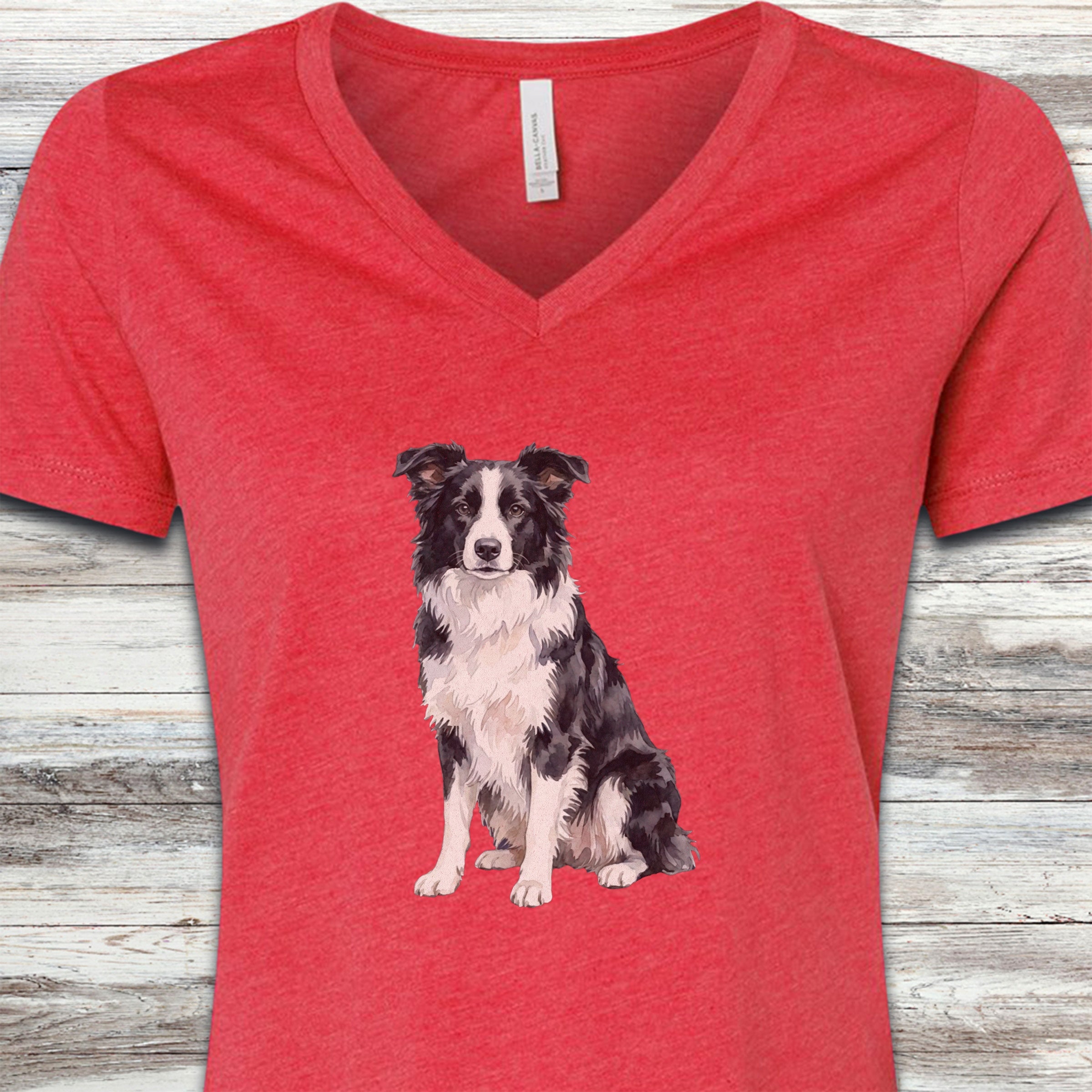 Border Collie Watercolor V-Neck Tee - Heather Red