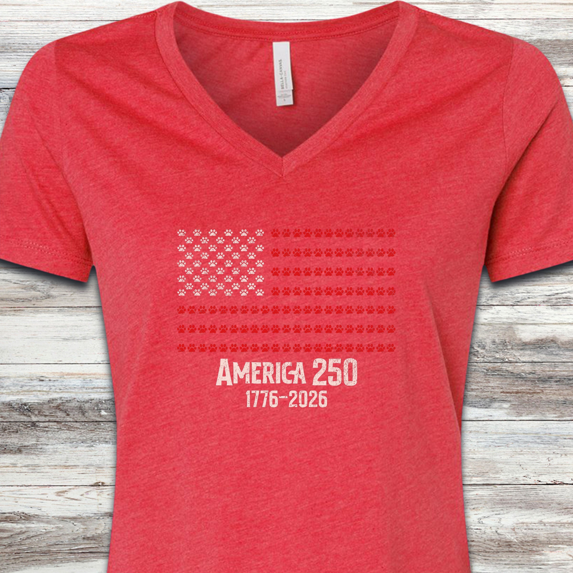 Vintage Red White & Paws 1776-2026 V-Neck Tee - Heather Red