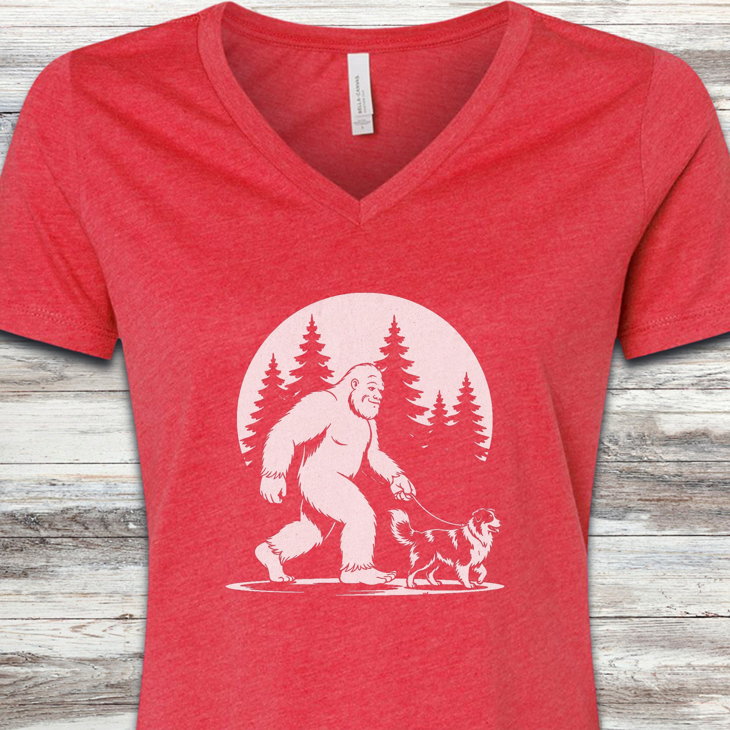 Australian Shepherd Bigfoot V-Neck Tee - Heather Red