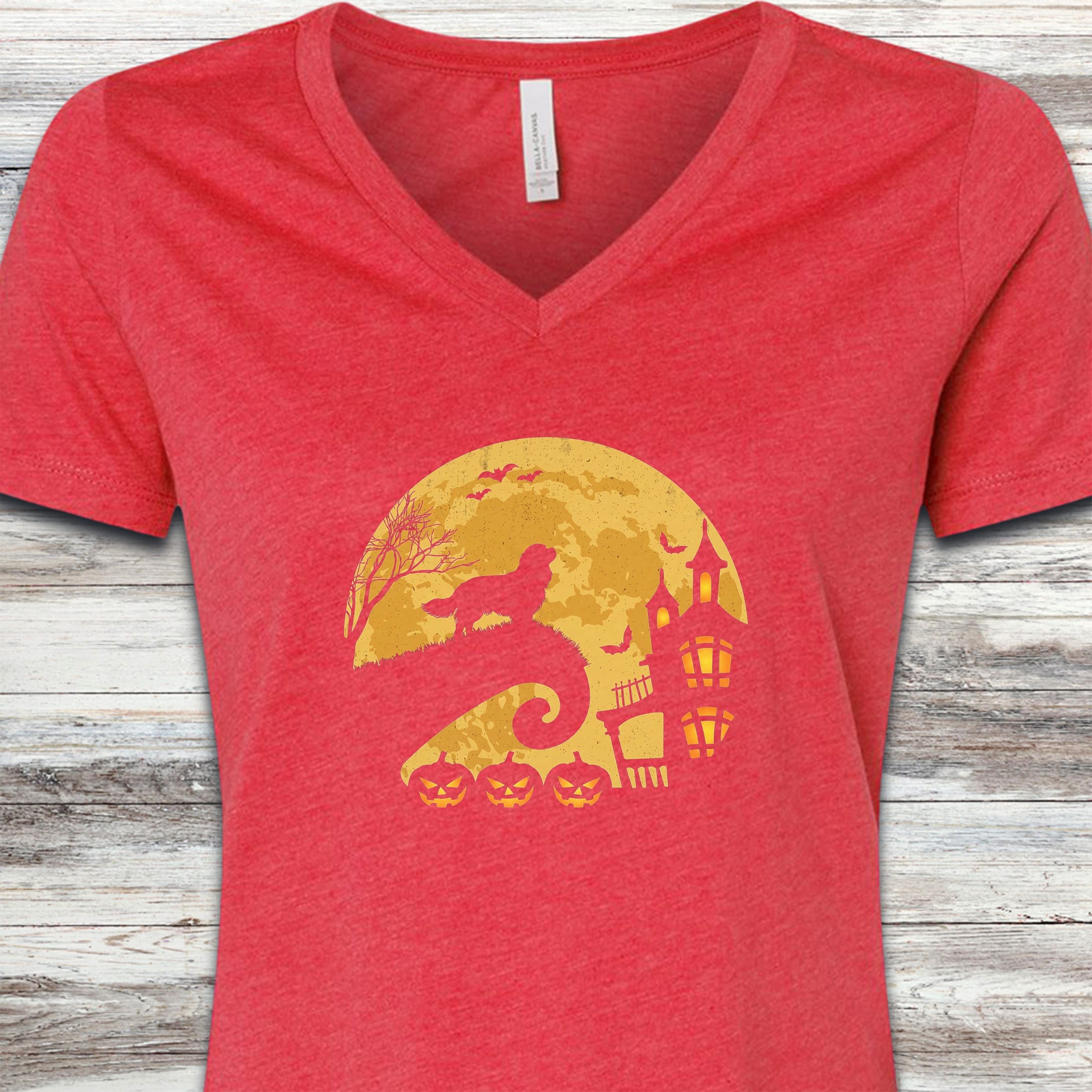 Cavalier King Charles Spaniel Halloween Moon V-Neck Tee - Heather Red