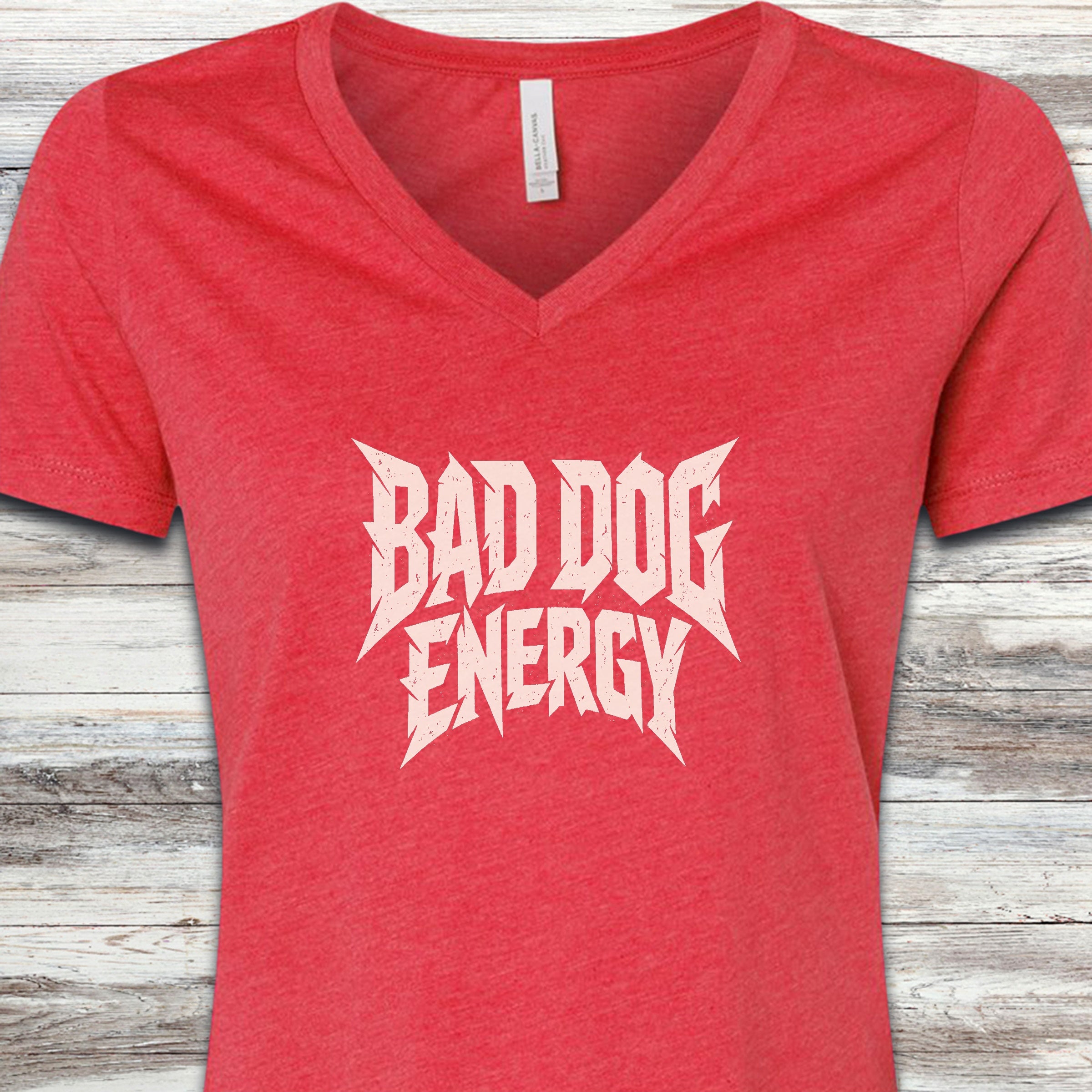 Bad Dog Energy V-Neck Tee - Heather Red
