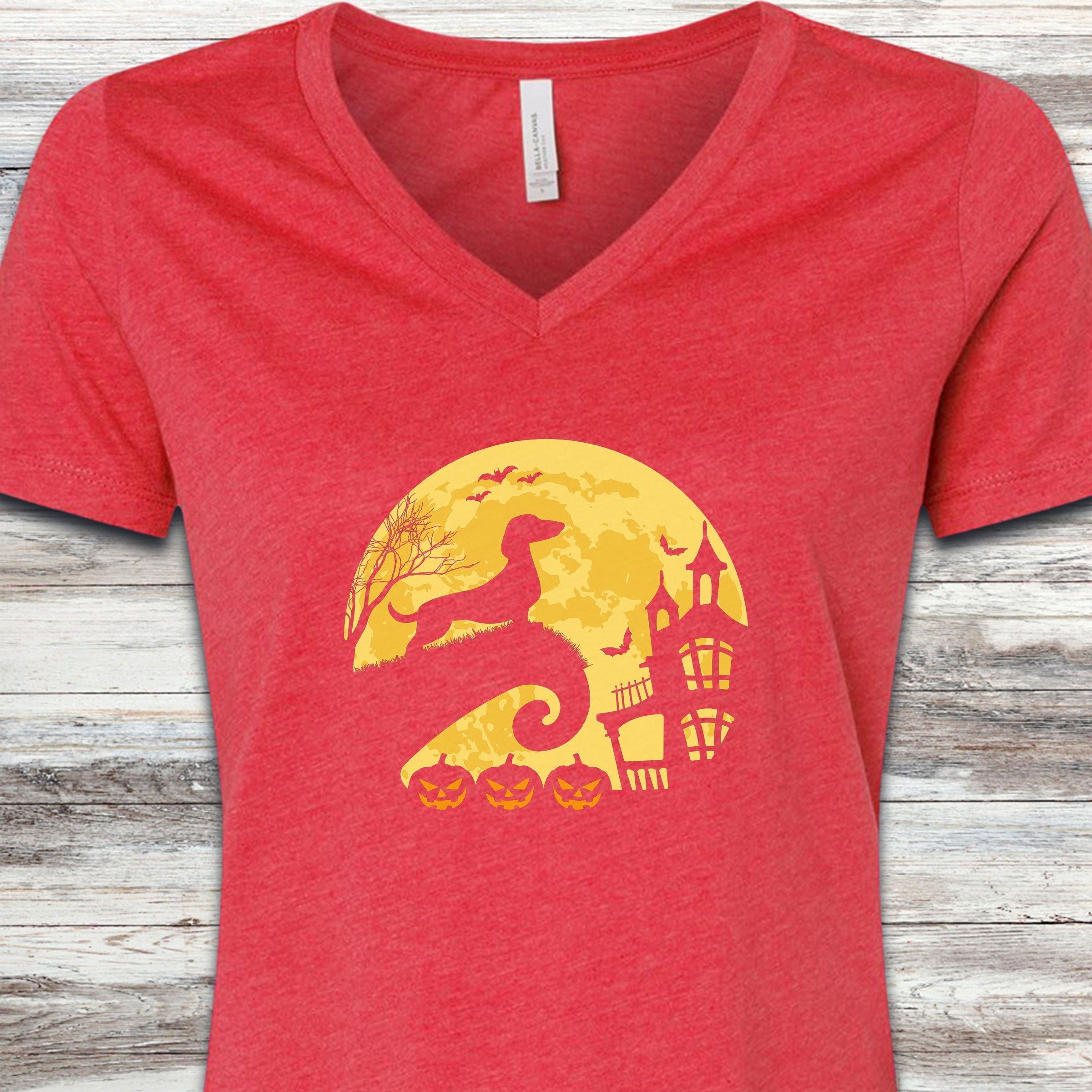 Dachshund Halloween Moon V-Neck Tee - Heather Red