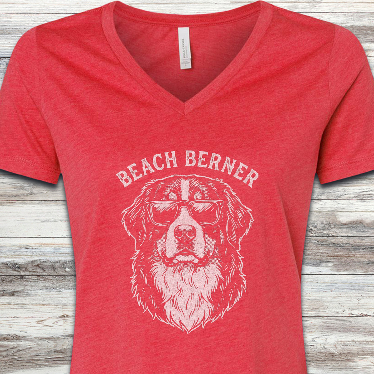 Bernese Mountain Dog Beach Berner V-Neck Tee - Heather Red