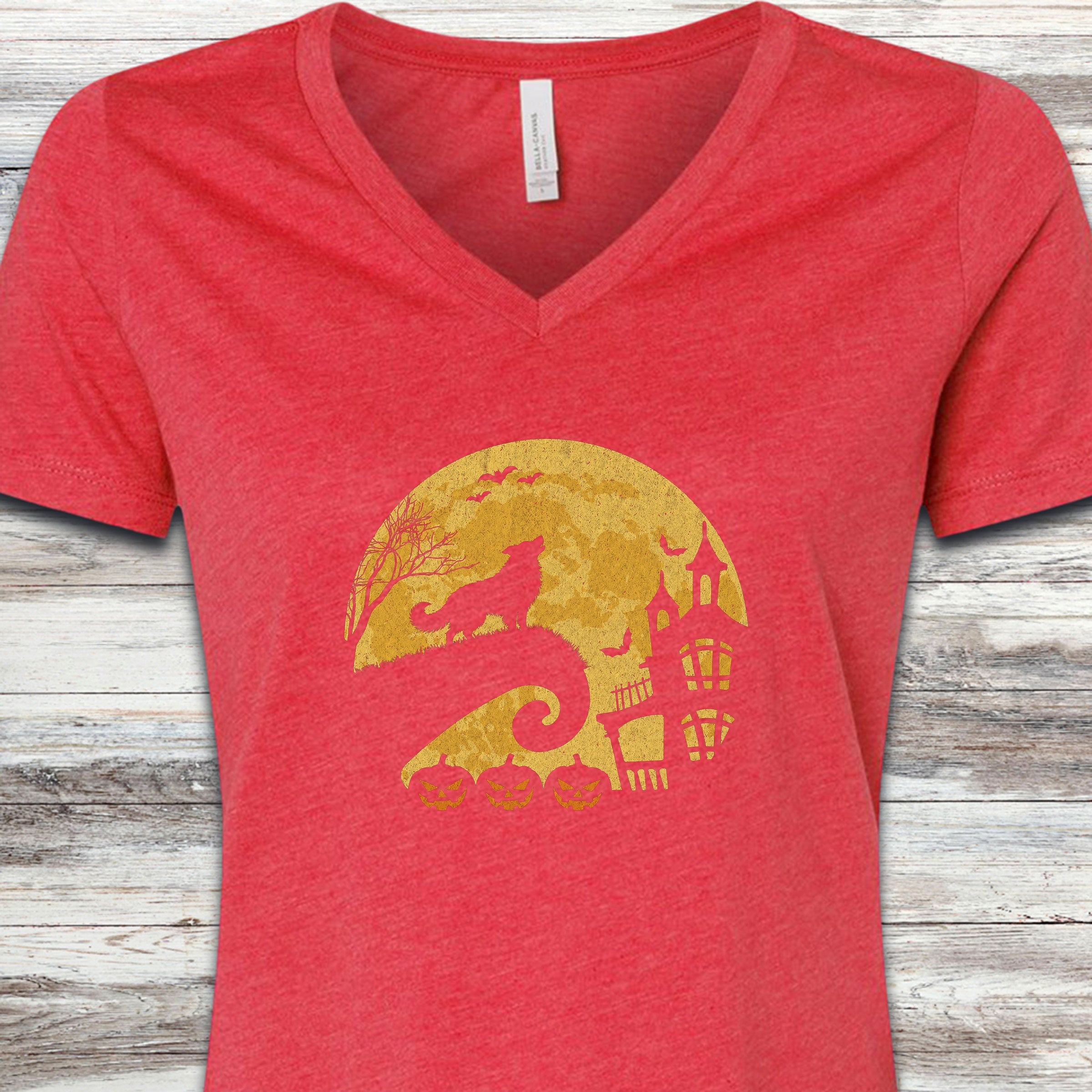 Border Collie Halloween Moon V-Neck Tee - Heather Red