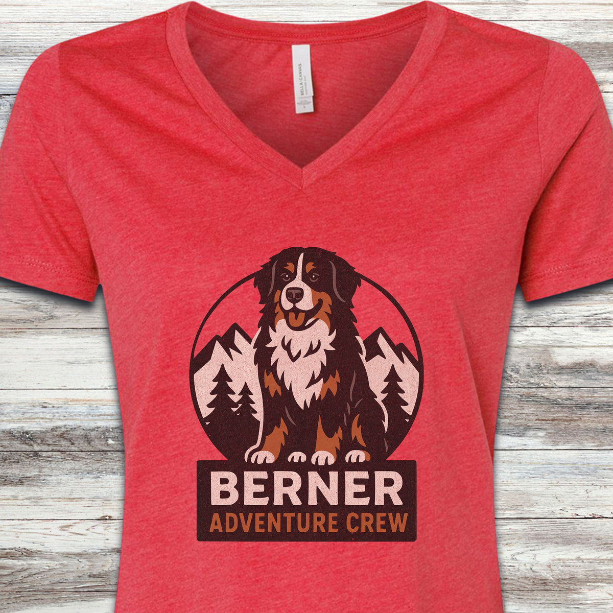 Bernese Mountain Dog Adventure Crew V-Neck Tee - Heather Red