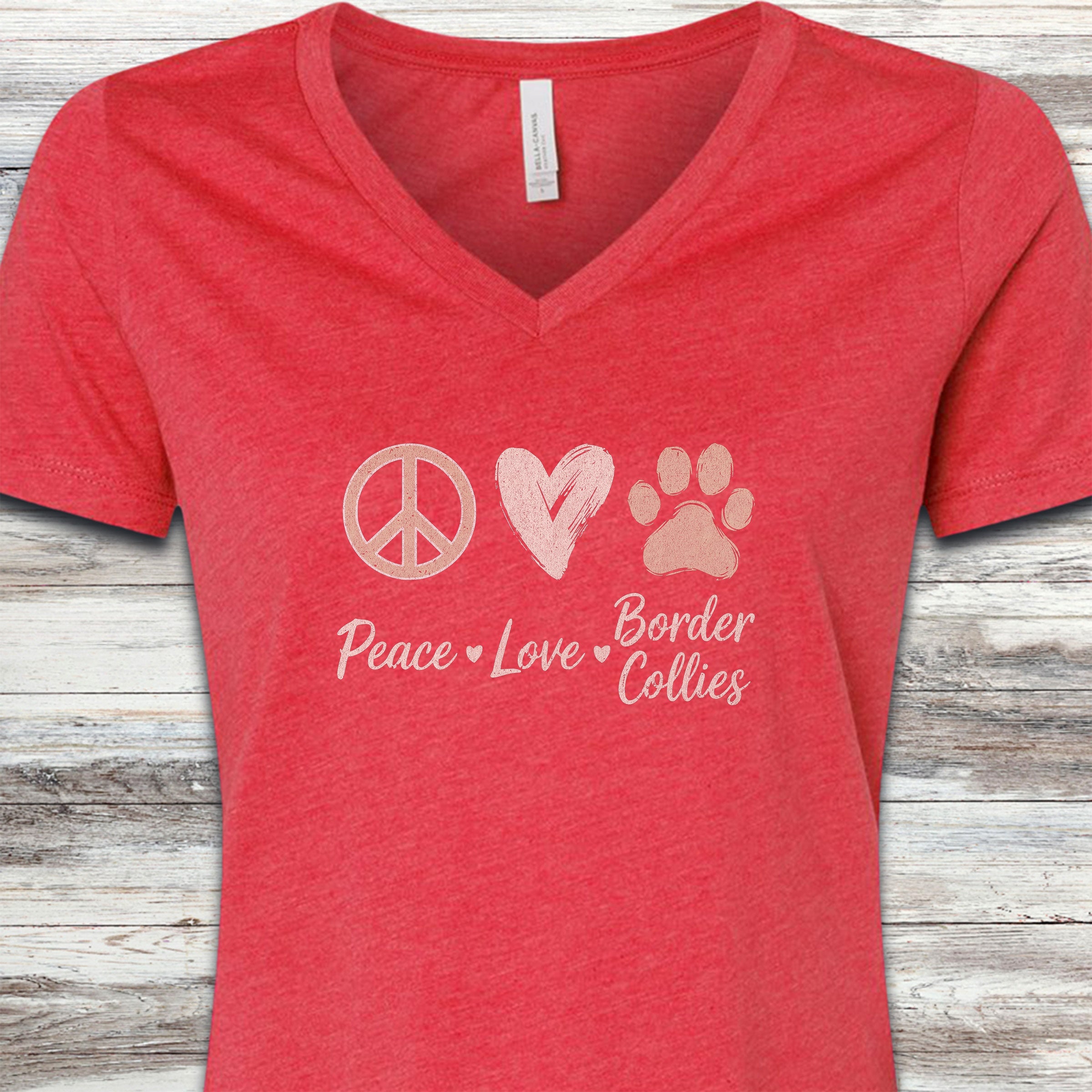 Border Collie Peace V-Neck Tee - Heather Red
