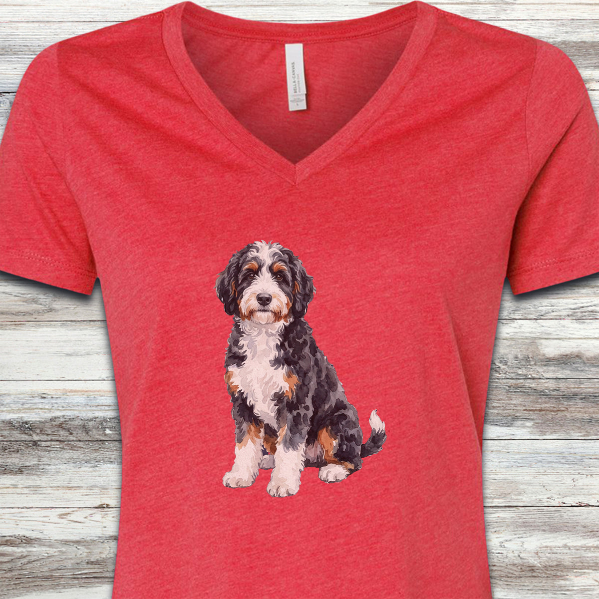 Bernedoodle Watercolor V-Neck Tee - Heather Red