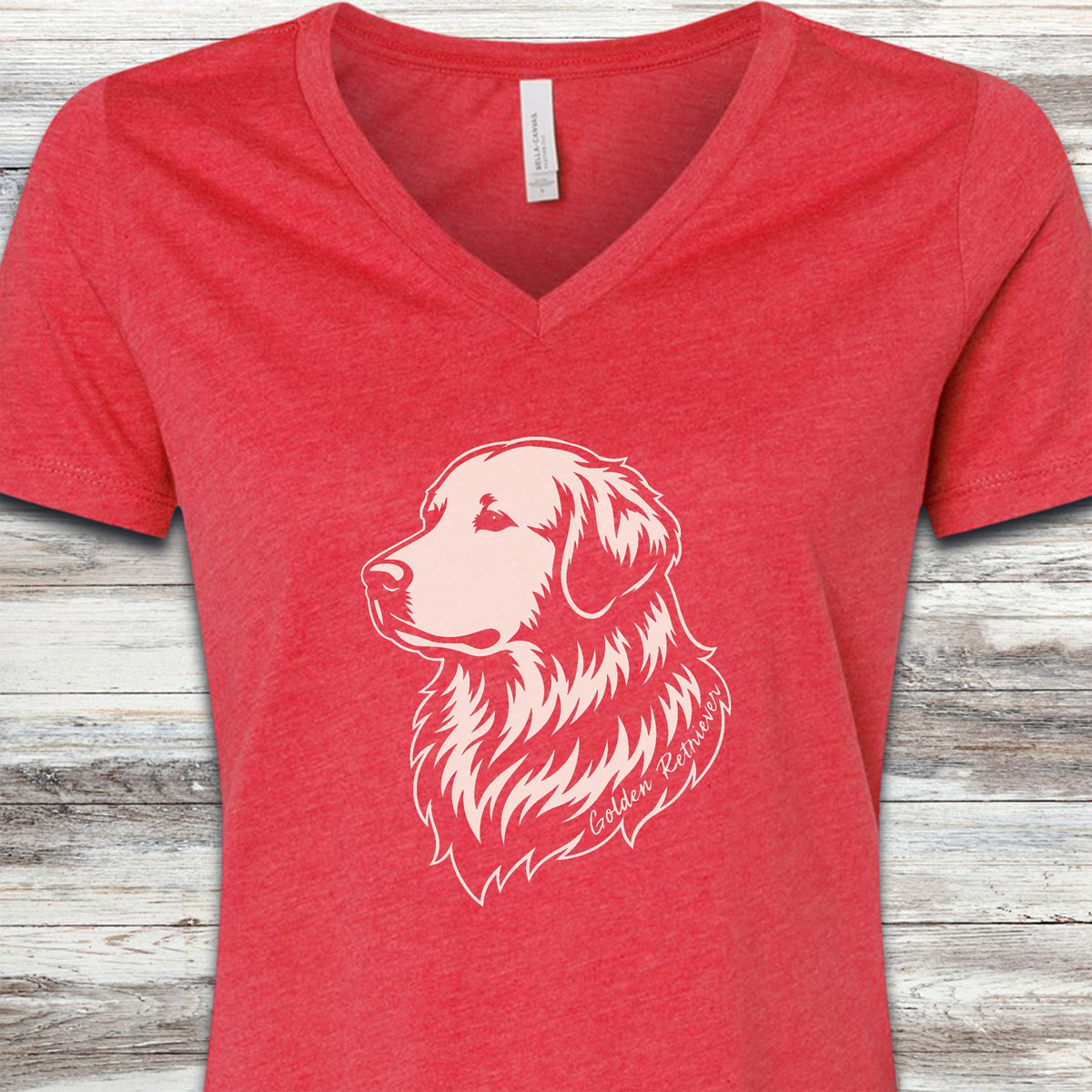 Golden Retriever Woodcut Portrait V-Neck Tee - Heather Red