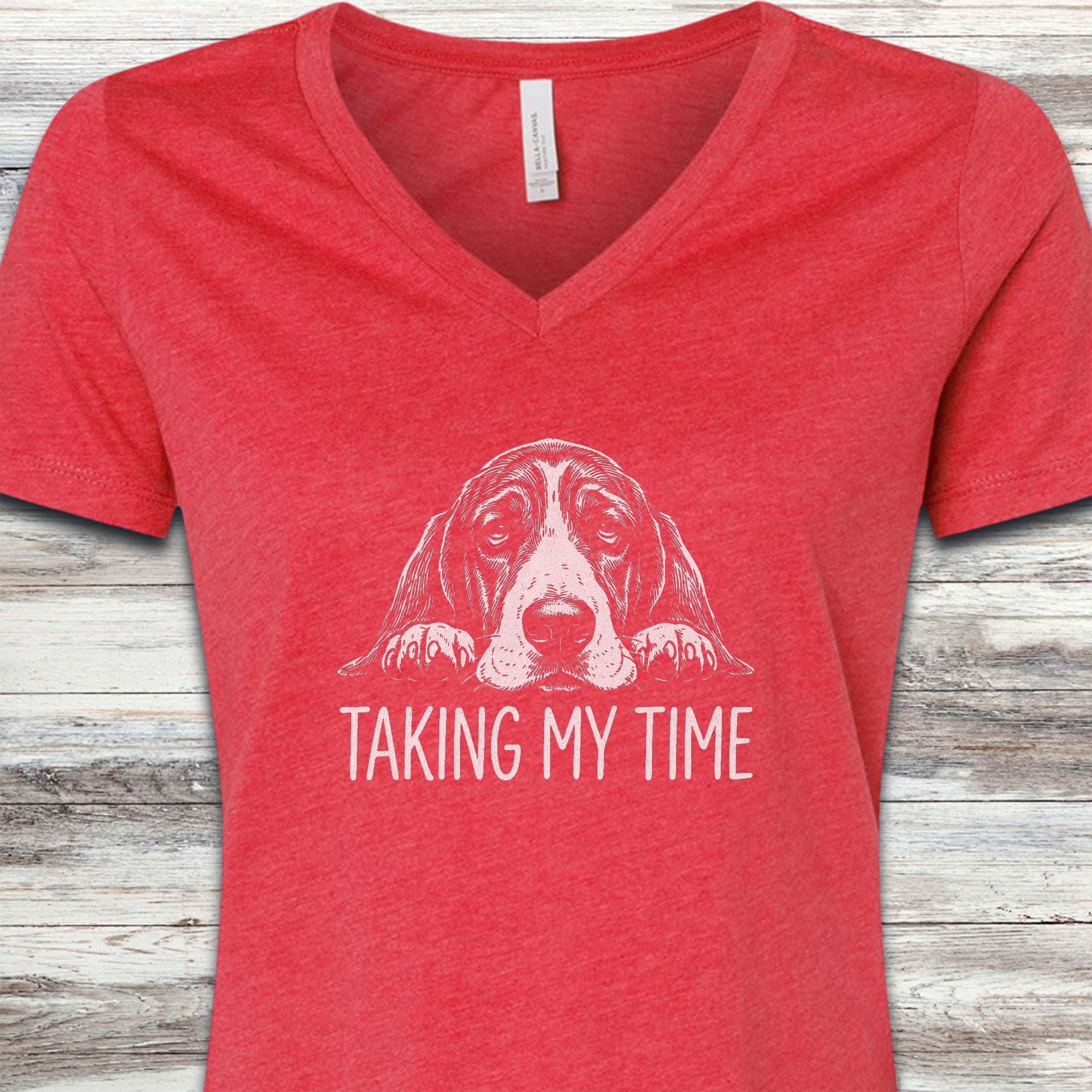 Basset Hound Time V-Neck Tee - Heather Red