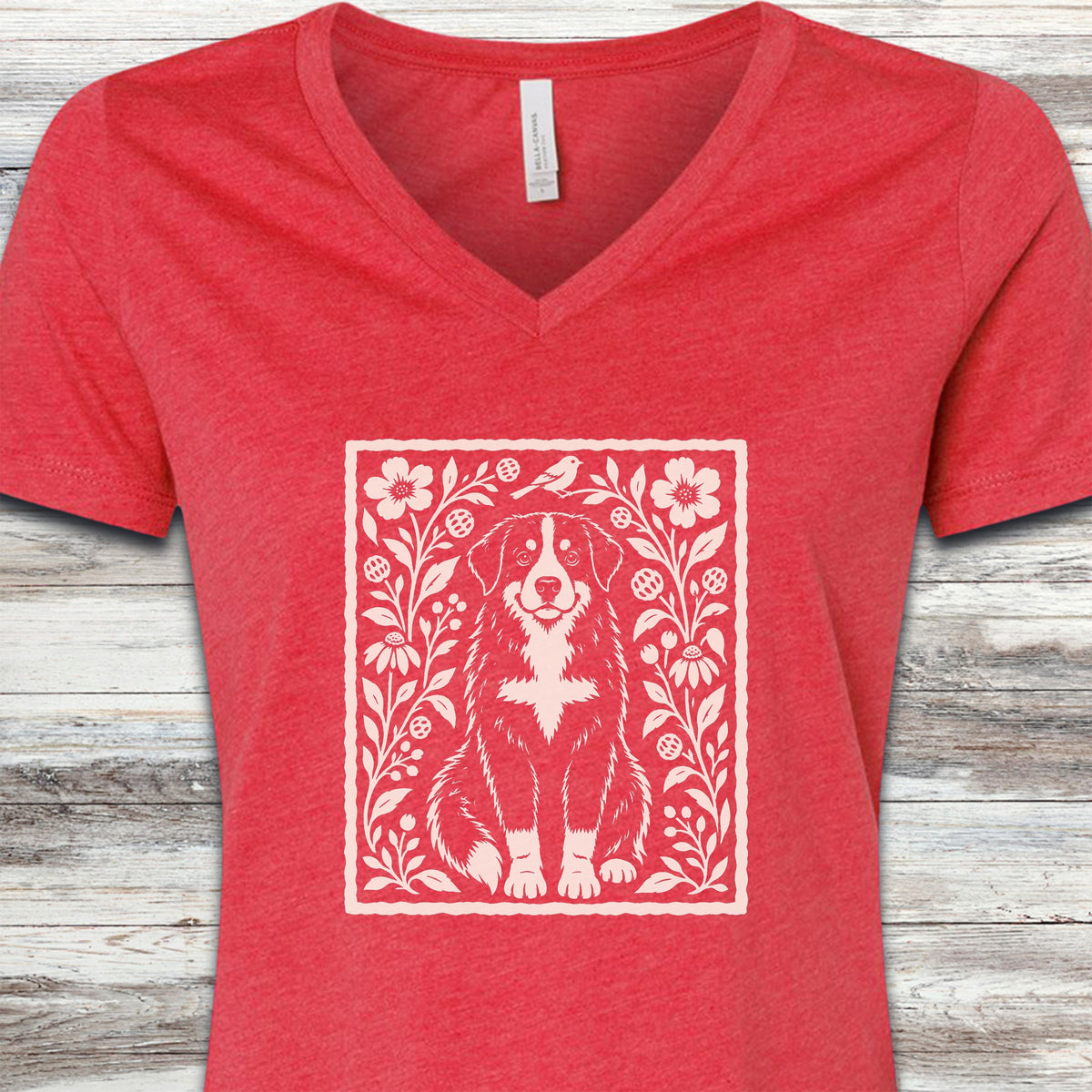 Bernese Mountain Dog Folk Art Floral V-Neck Tee - Heather Red