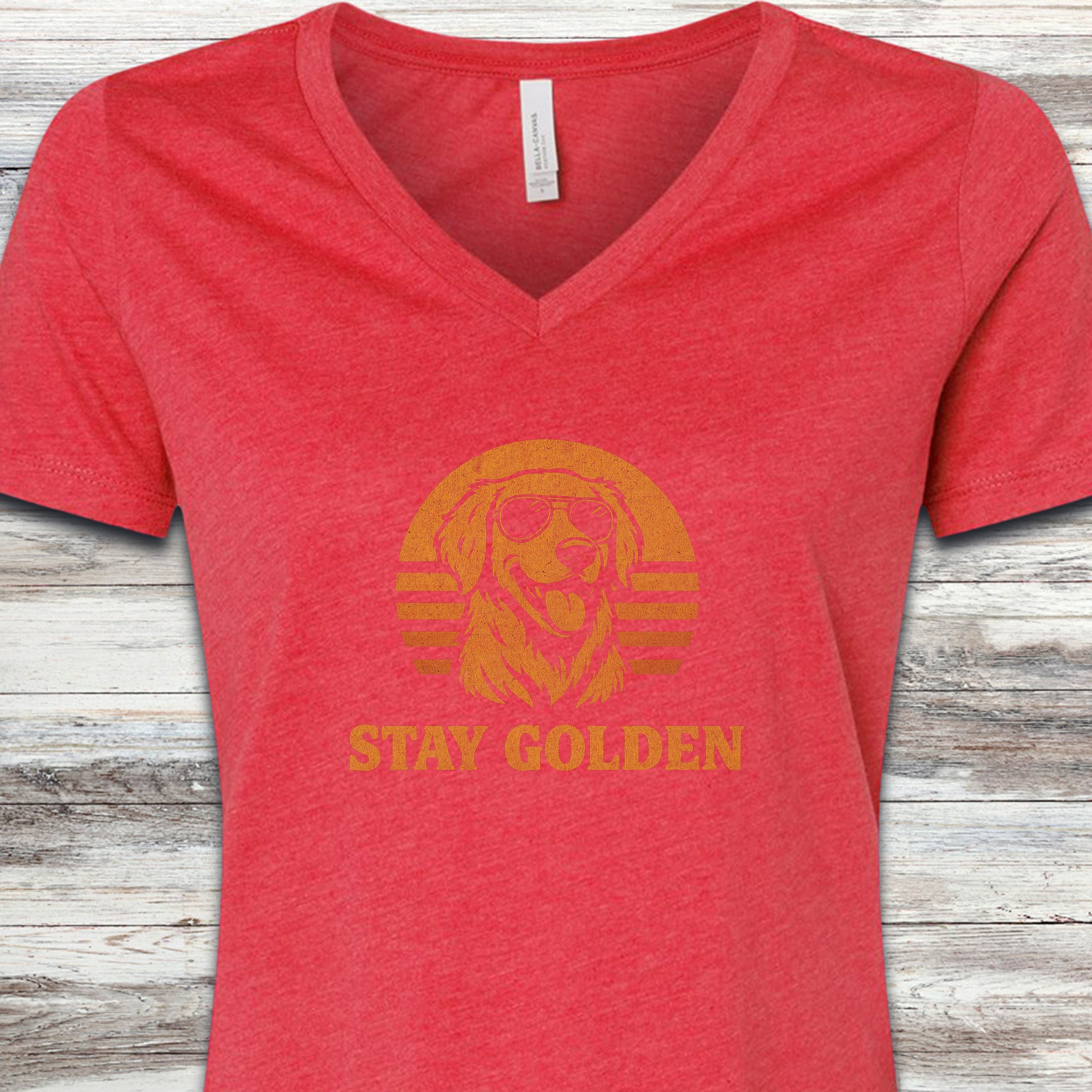 Golden Retriever Retro Stay Golden V-Neck Tee - Heather Red