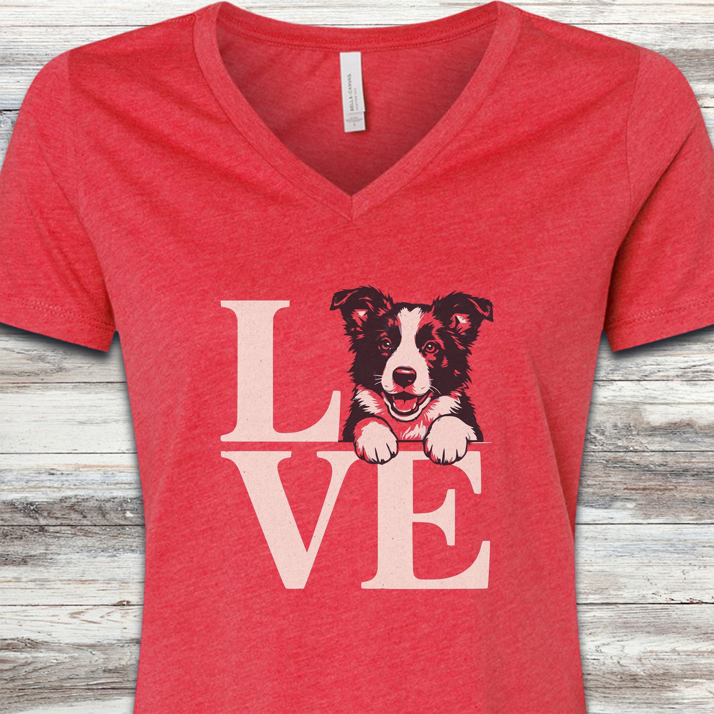 Border Collie Puppy Love V-Neck Tee - Heather Red