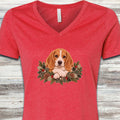 Beagle Lemon and White Winter Greenery Faux Embroidery V-Neck Tee - Heather Red