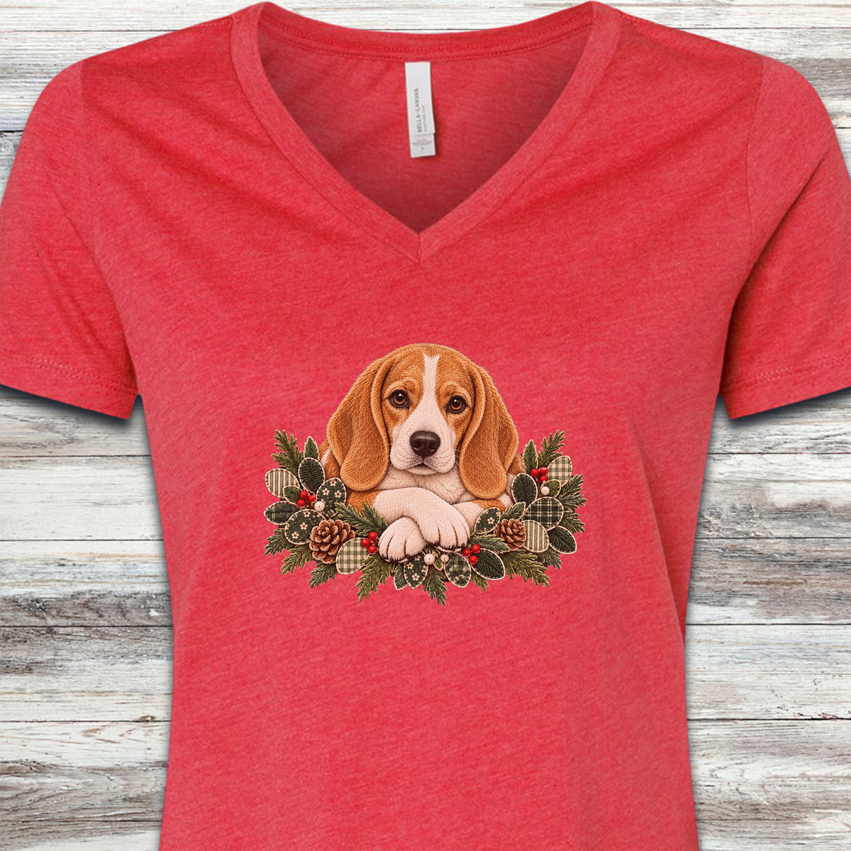 Beagle Lemon and White Winter Greenery Faux Embroidery V-Neck Tee - Heather Red
