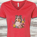 Shetland Sheepdog Blue Merle Spring Portrait V-Neck Tee - Heather Red