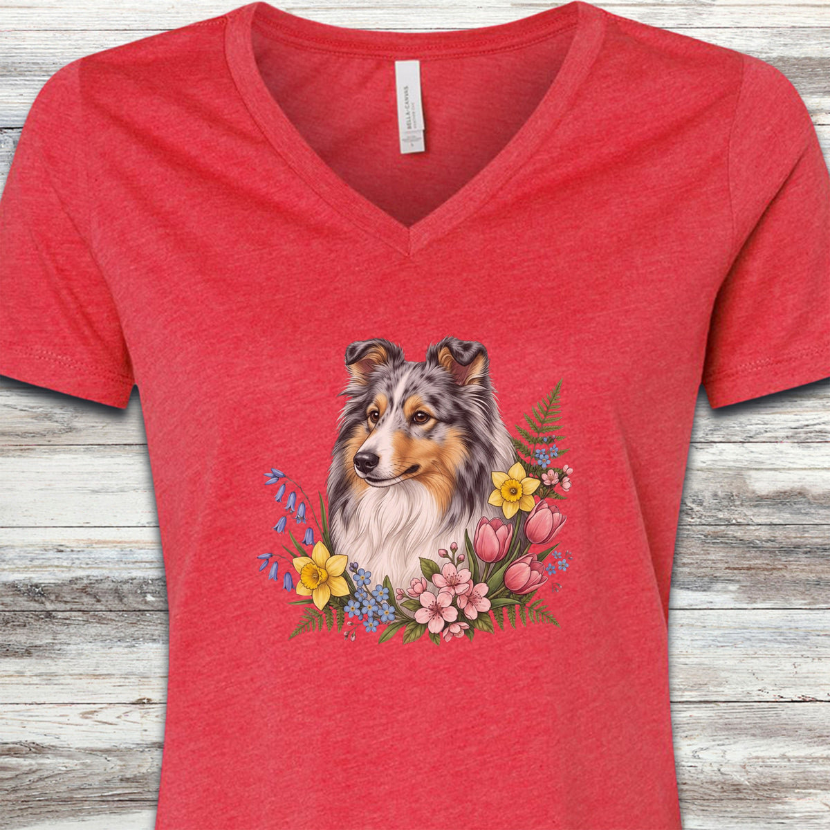 Shetland Sheepdog Blue Merle Spring Portrait V-Neck Tee - Heather Red