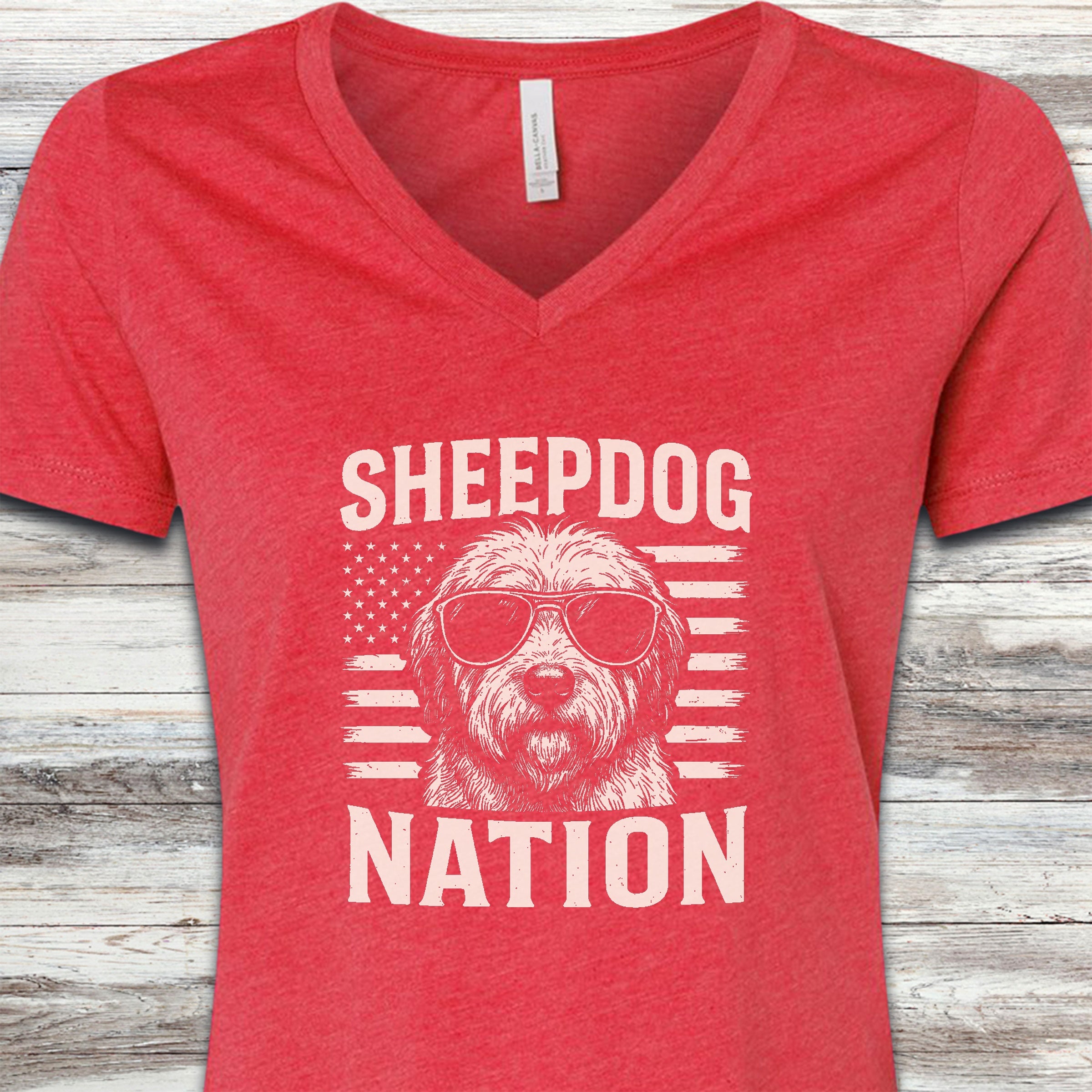 Old English Sheepdog Nation V-Neck Tee - Heather Red