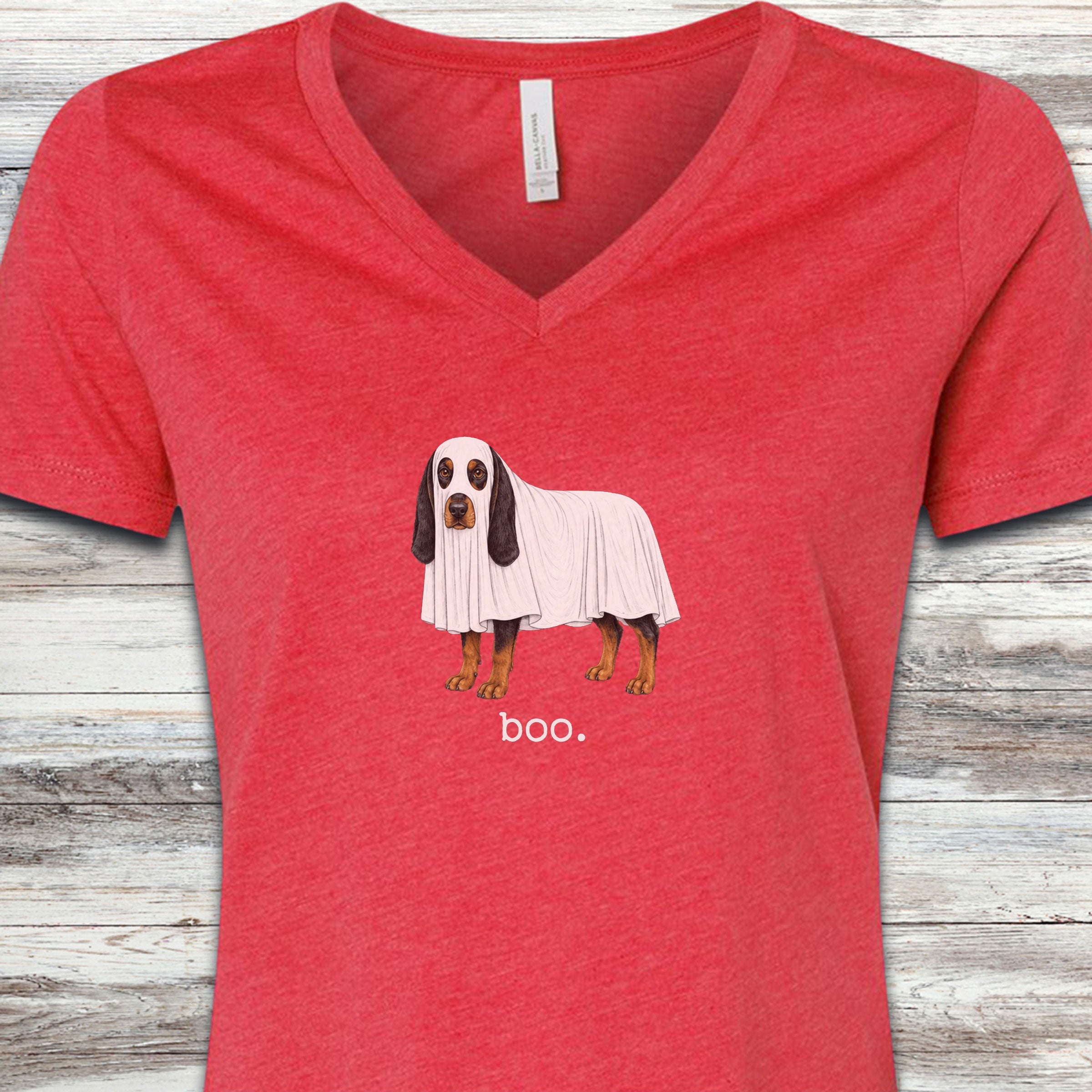 Black and Tan Coonhound Boo V-Neck Tee - Heather Red