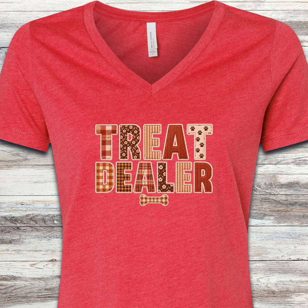 Treat Dealer Fall Faux Patchwork V-Neck Tee - Heather Red