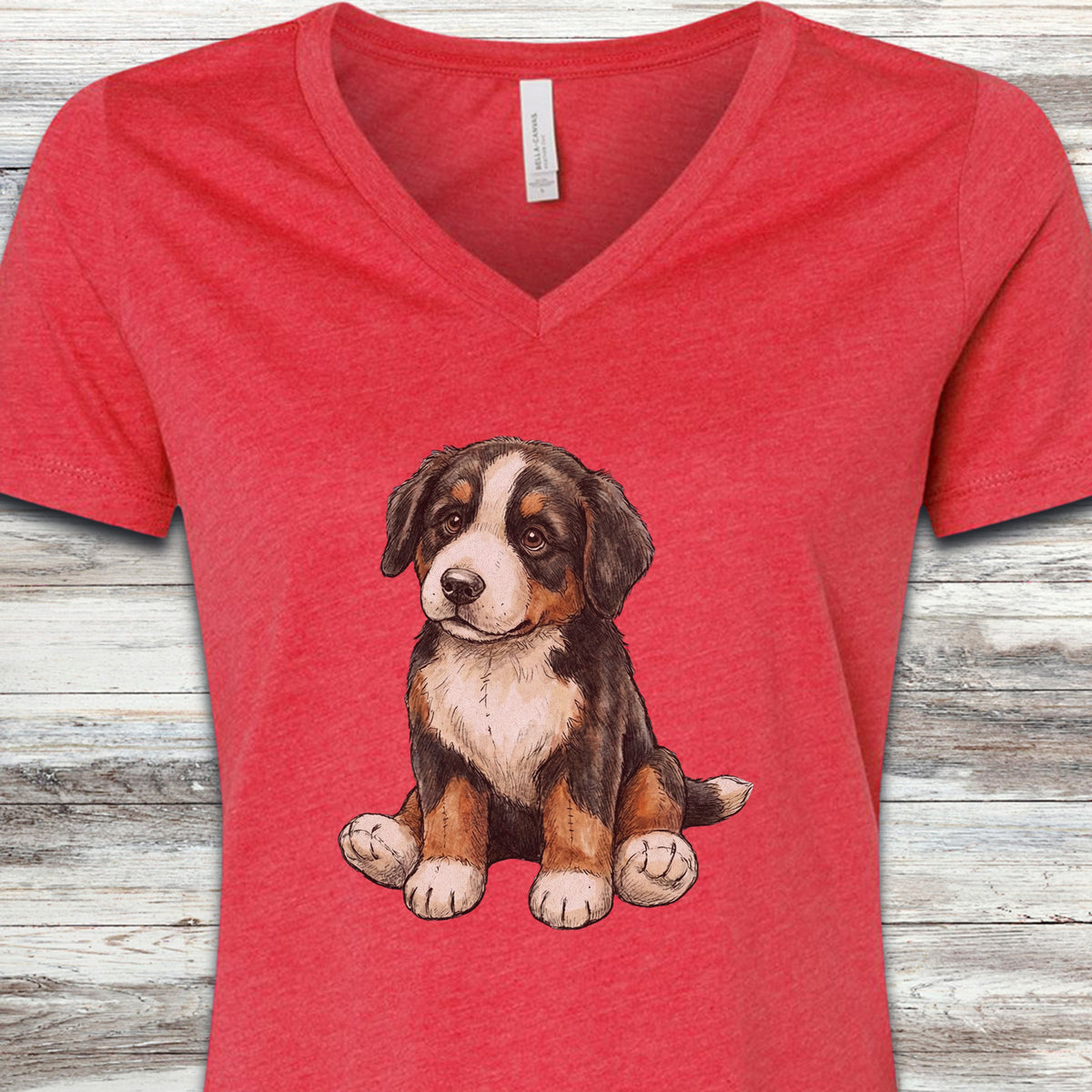 Bernese Mountain Dog Teddy Bear V-Neck Tee - Heather Red