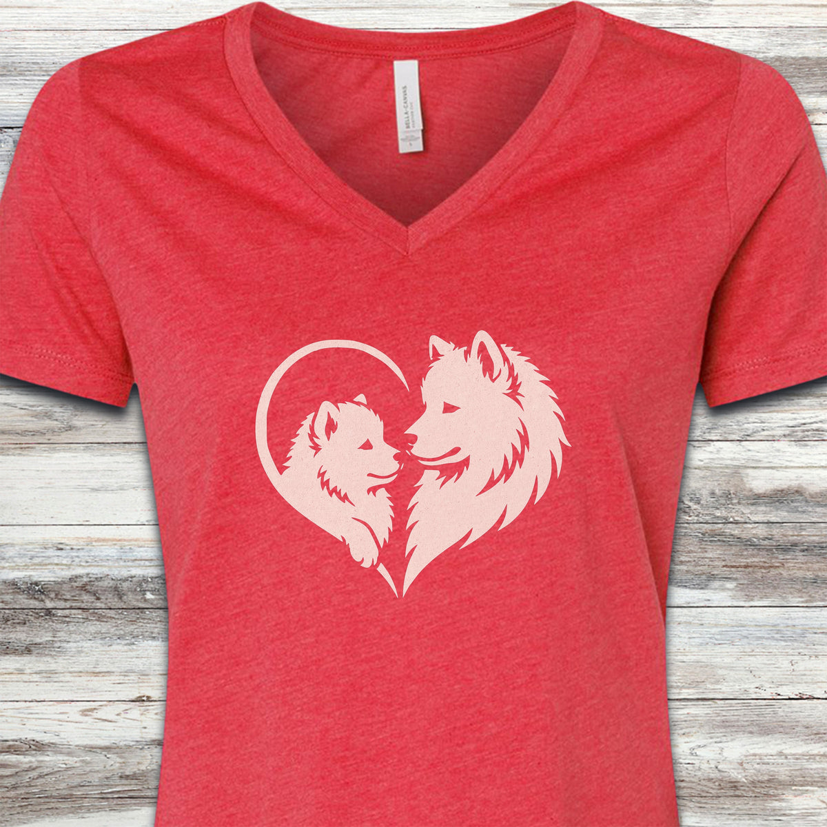 Samoyed Heart Bond V-Neck Tee - Heather Red