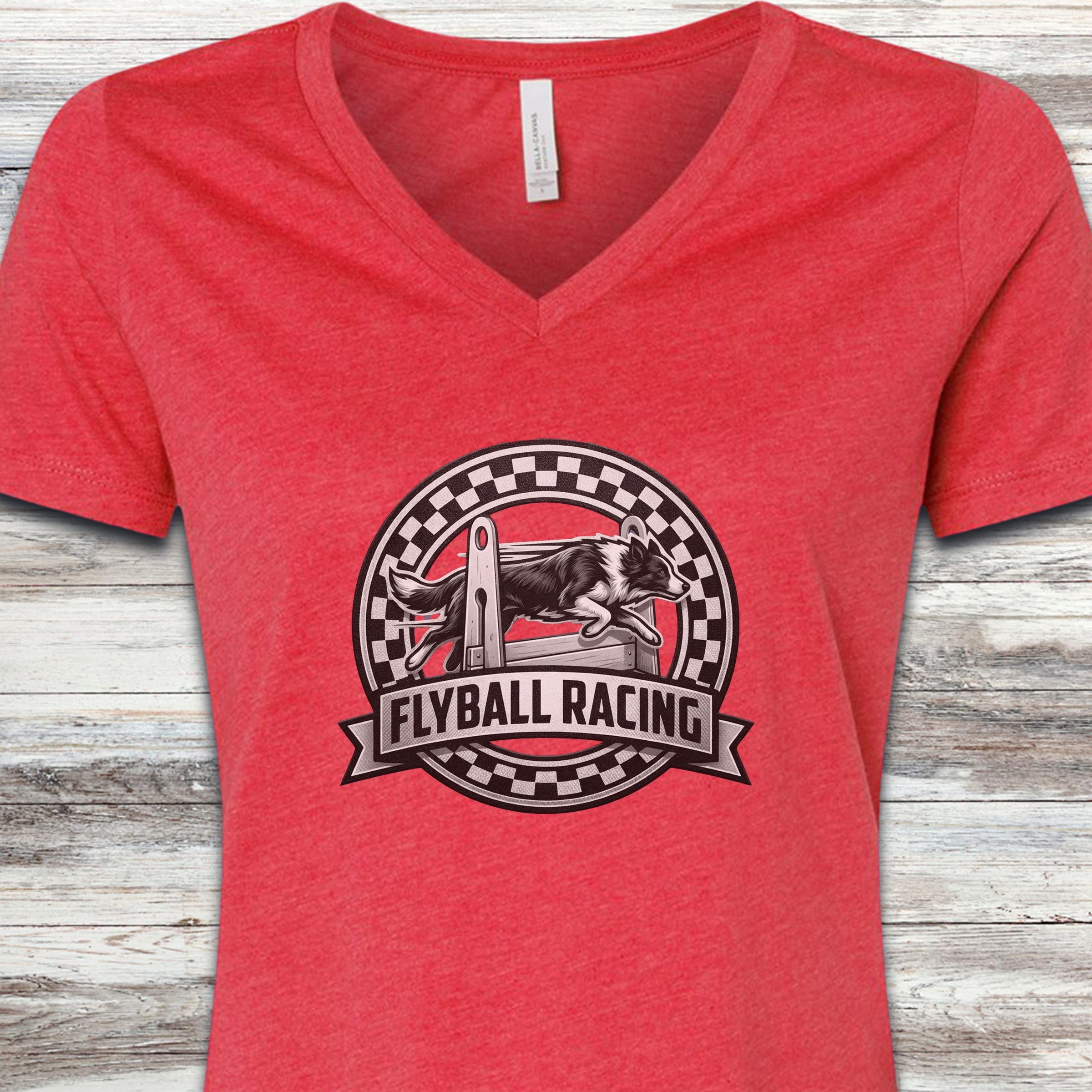 Border Collie Flyball Racing V-Neck Tee - Heather Red