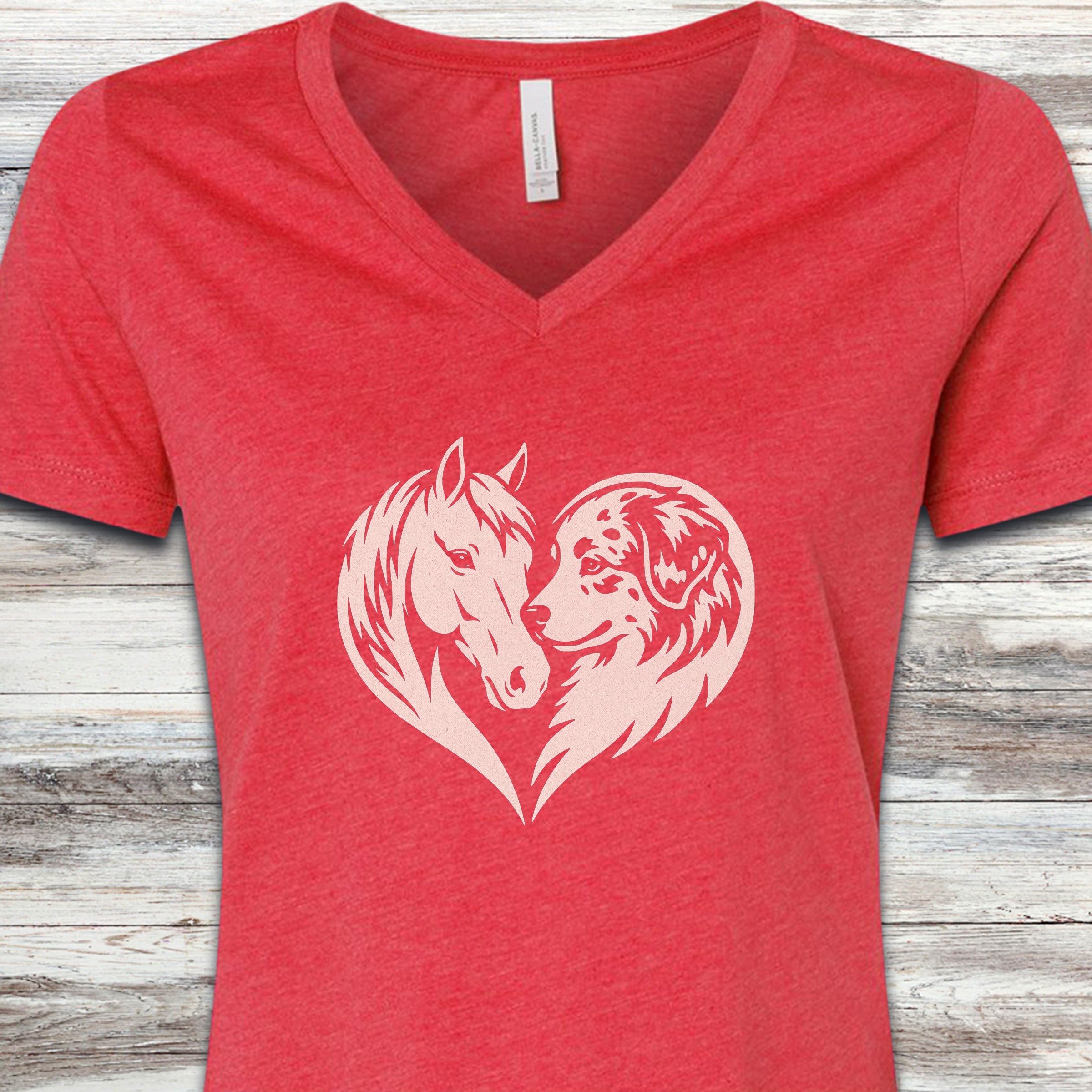 Australian Shepherd Horse Heart Bond V-Neck Tee - Heather Red